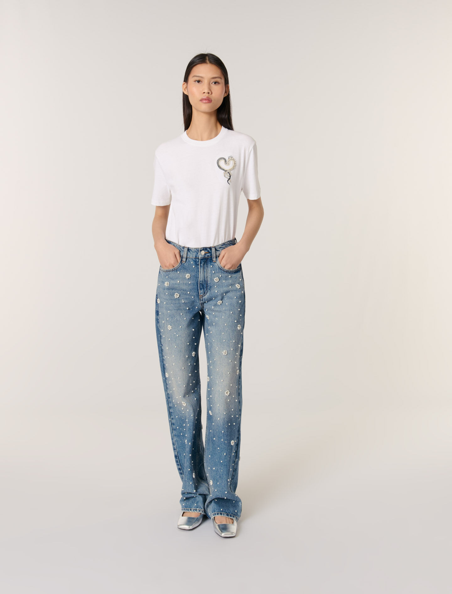Wide-leg embroidered jeans Blue For Women | Maje