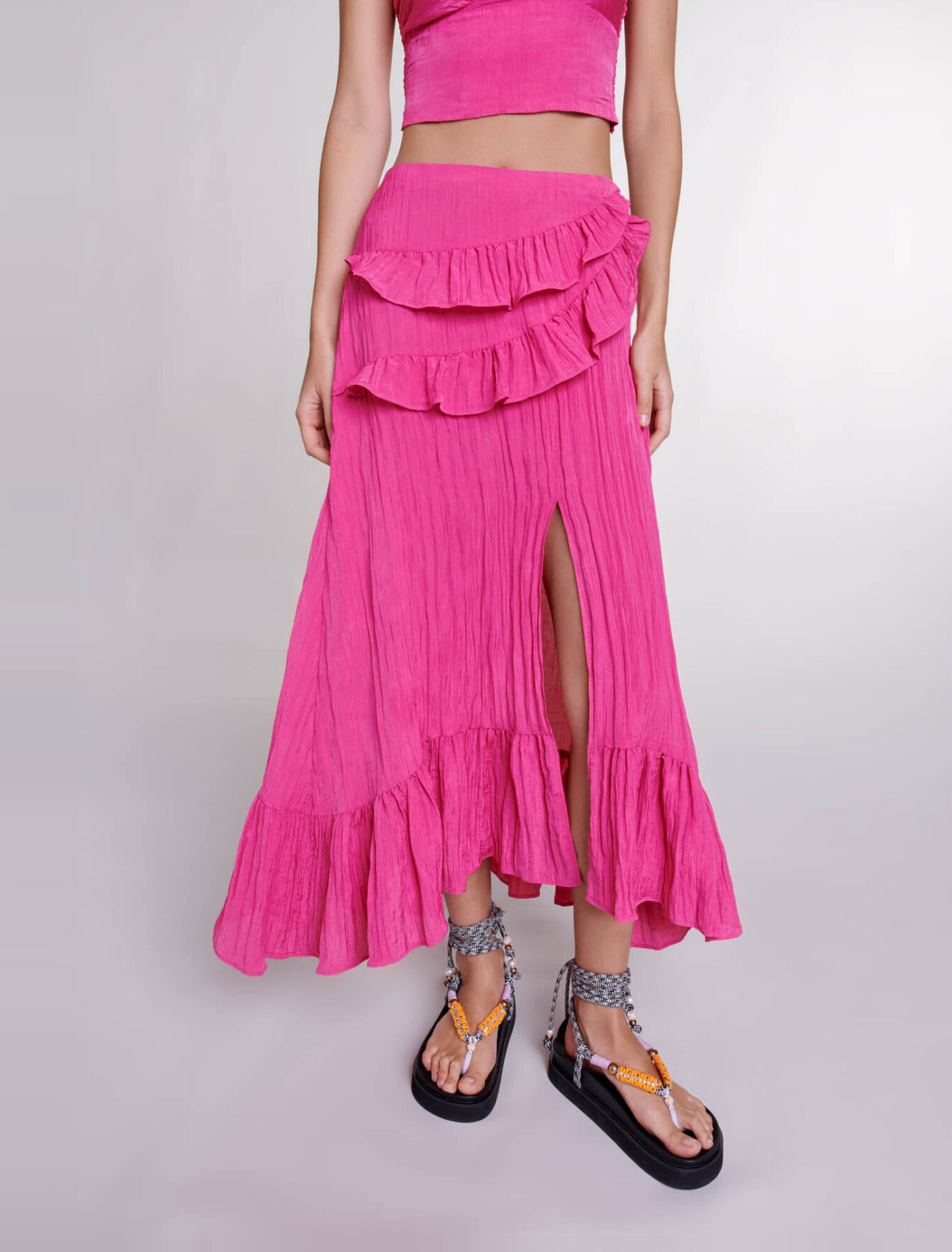 Long satin-effect crinkle skirt