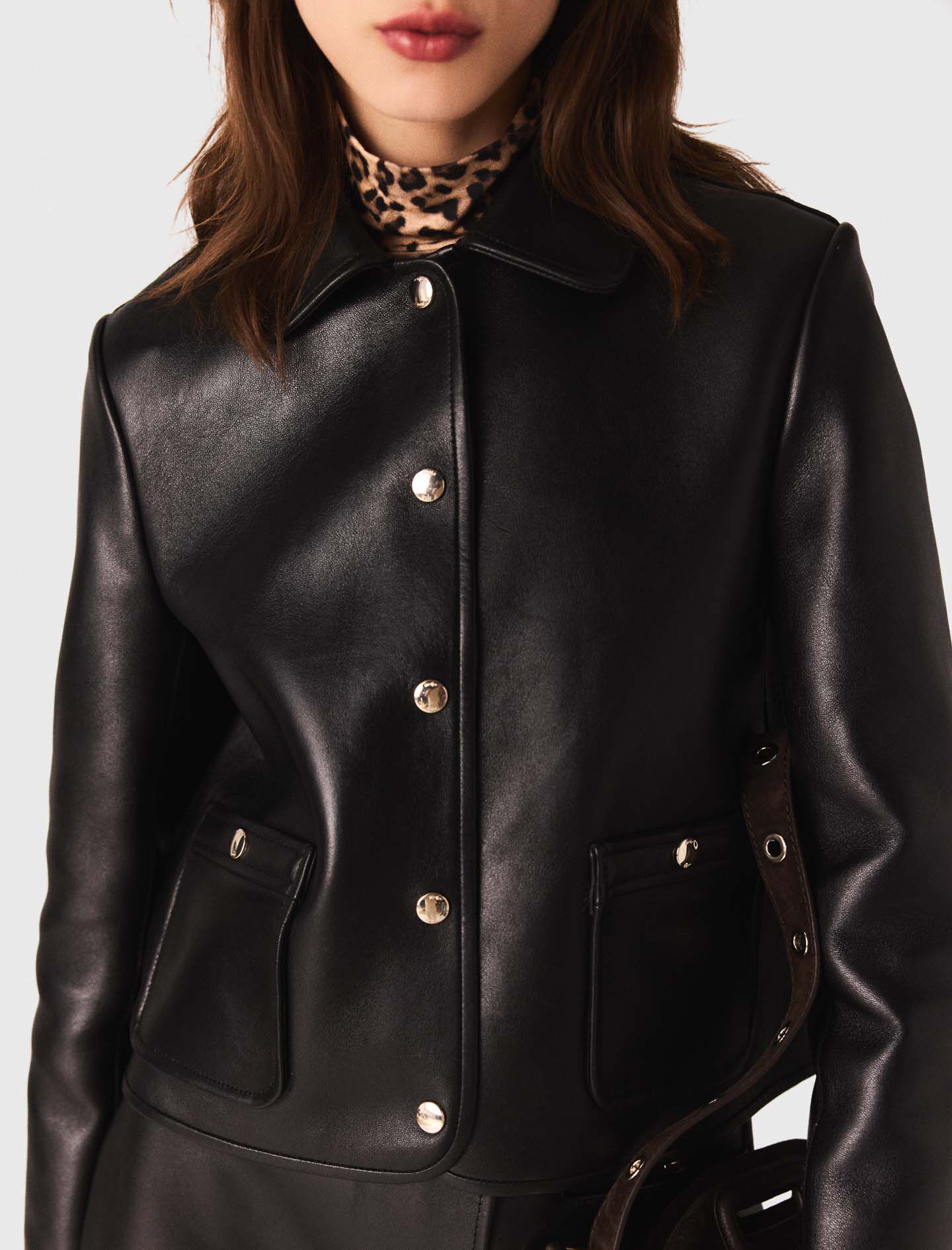 Cropped Leather Jacket Black / Gray For Women | Maje