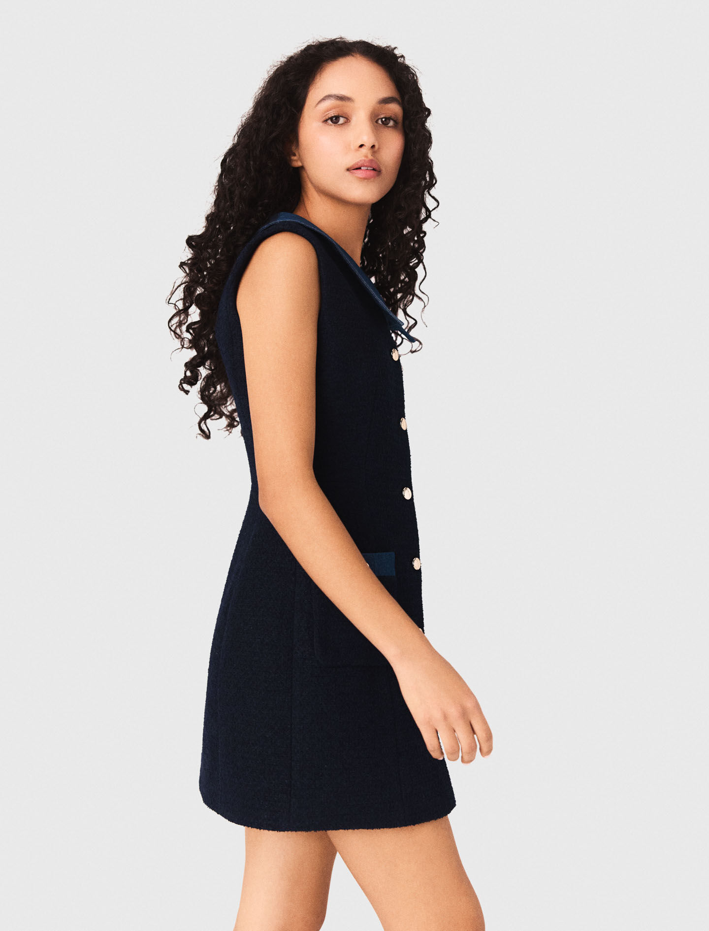 Tweed dress with denim details Blue For Women | Maje