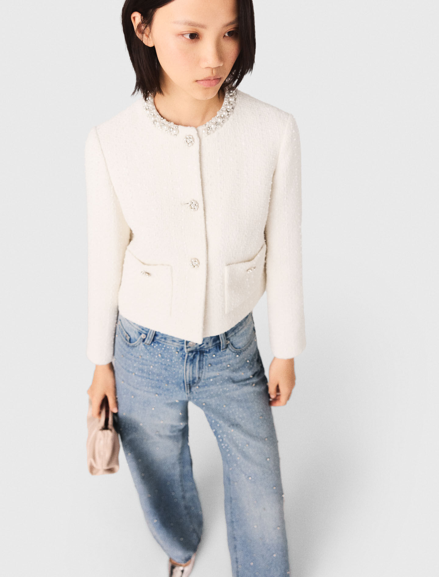 Pearl-trimmed tweed jacket White For Women | Maje