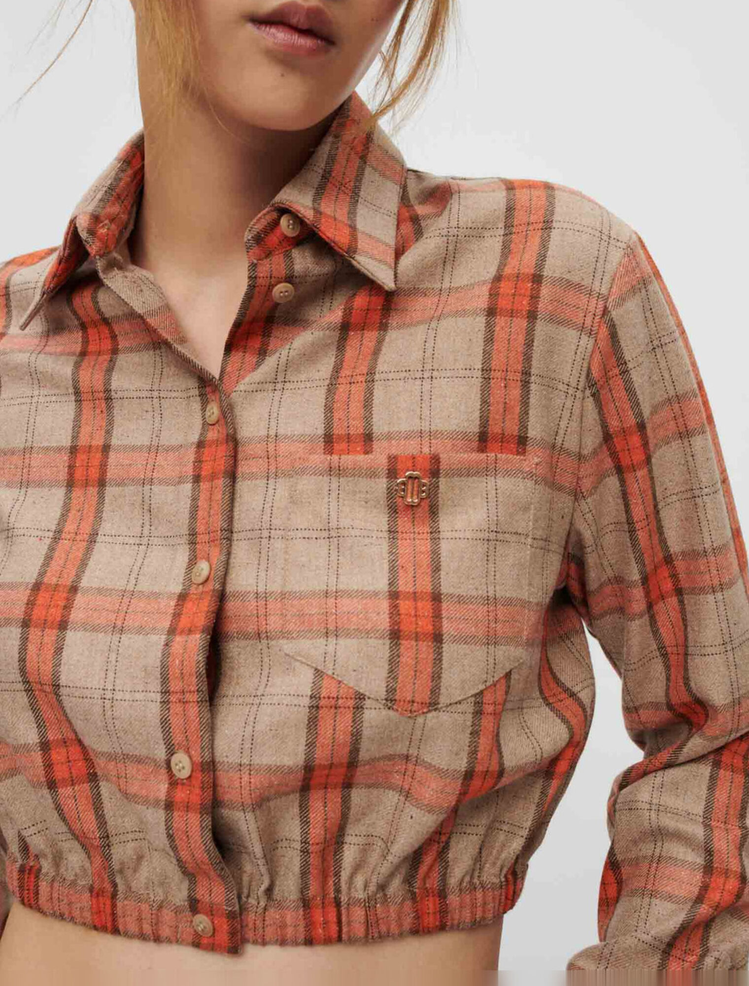 Camel and orange plaid crop shirt