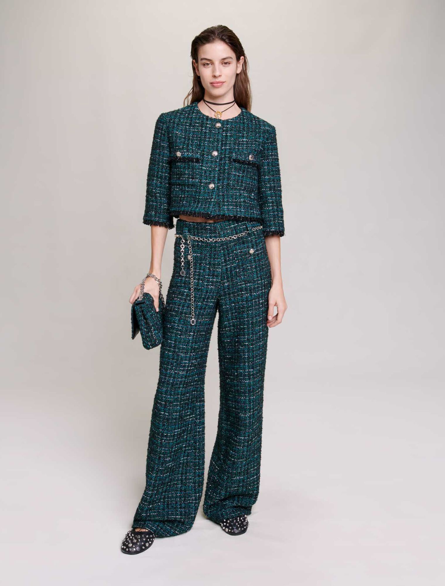 Wide-leg tweed trousers