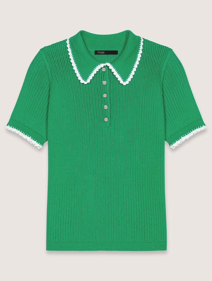 Pointelle knit crochet polo