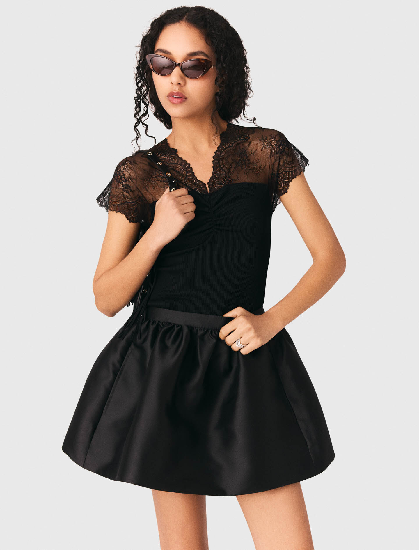 Jersey top with lace trim Black / Gray For Women | Maje