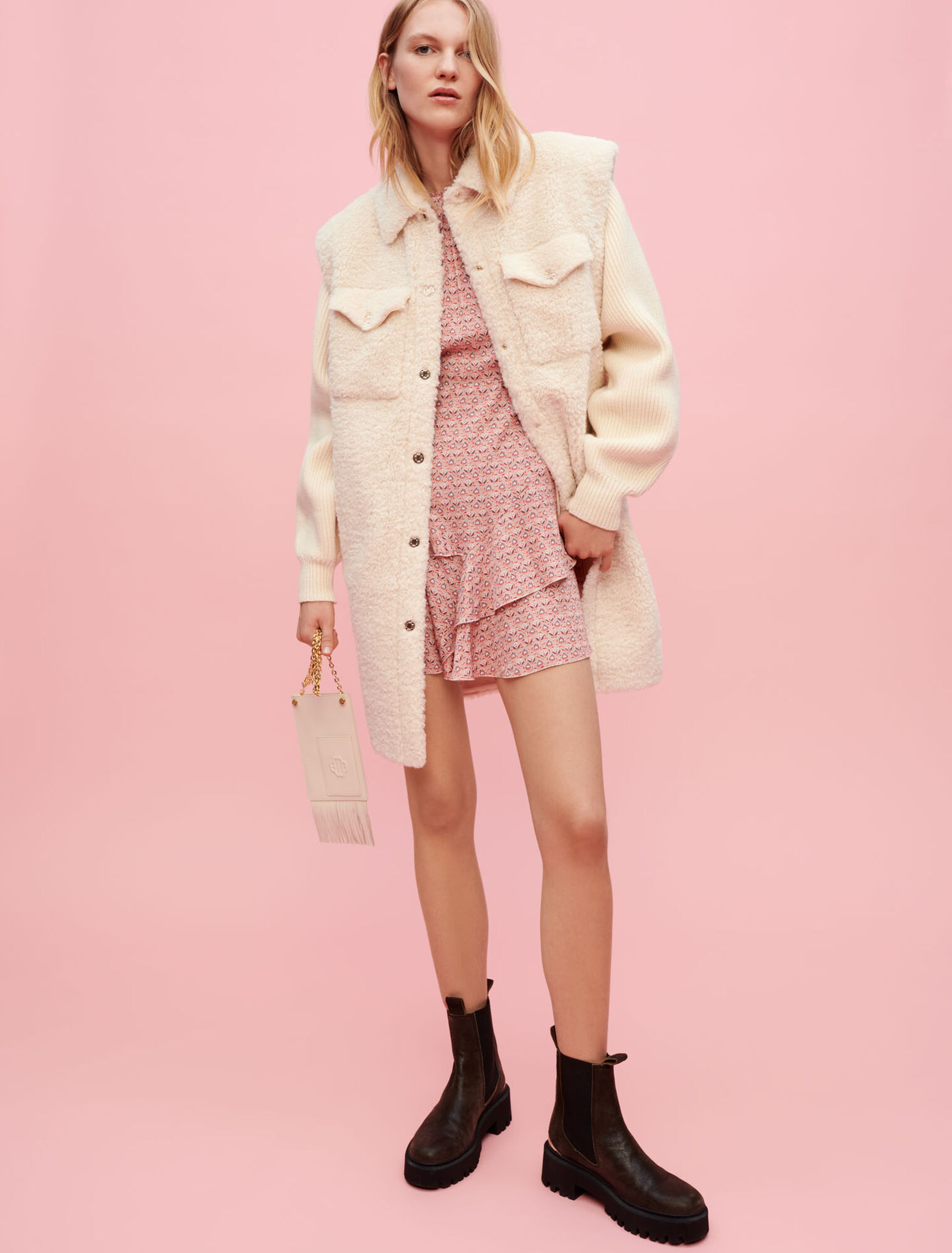 Faux fur and knit coat