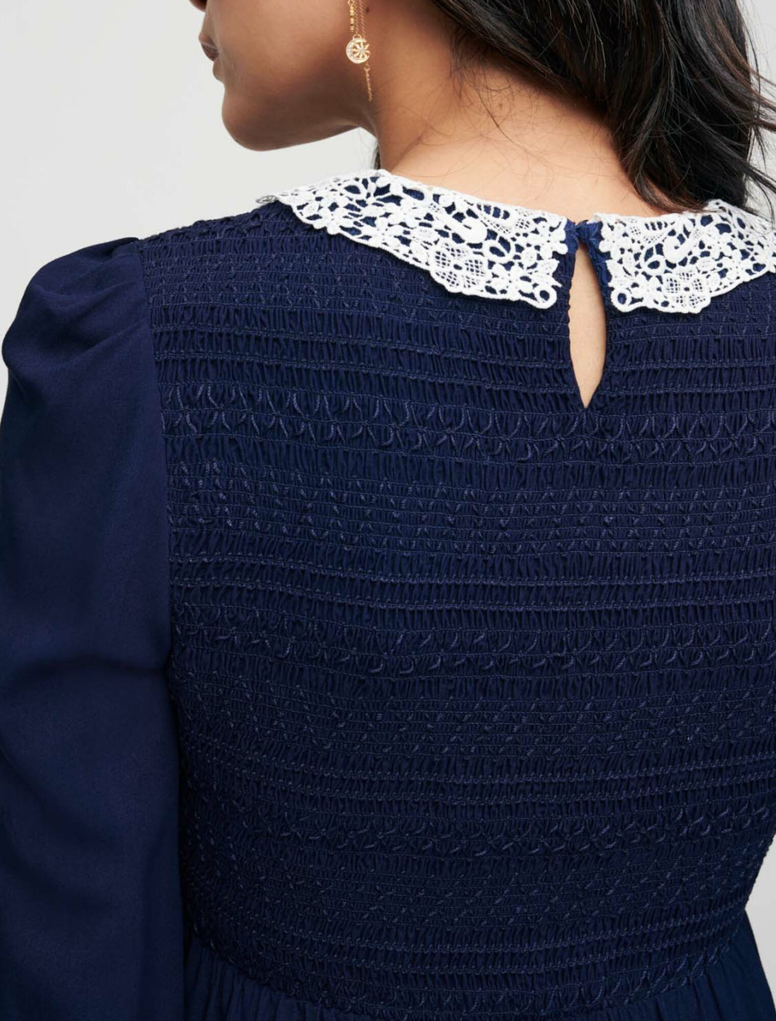 Smocked dress with guipure collar