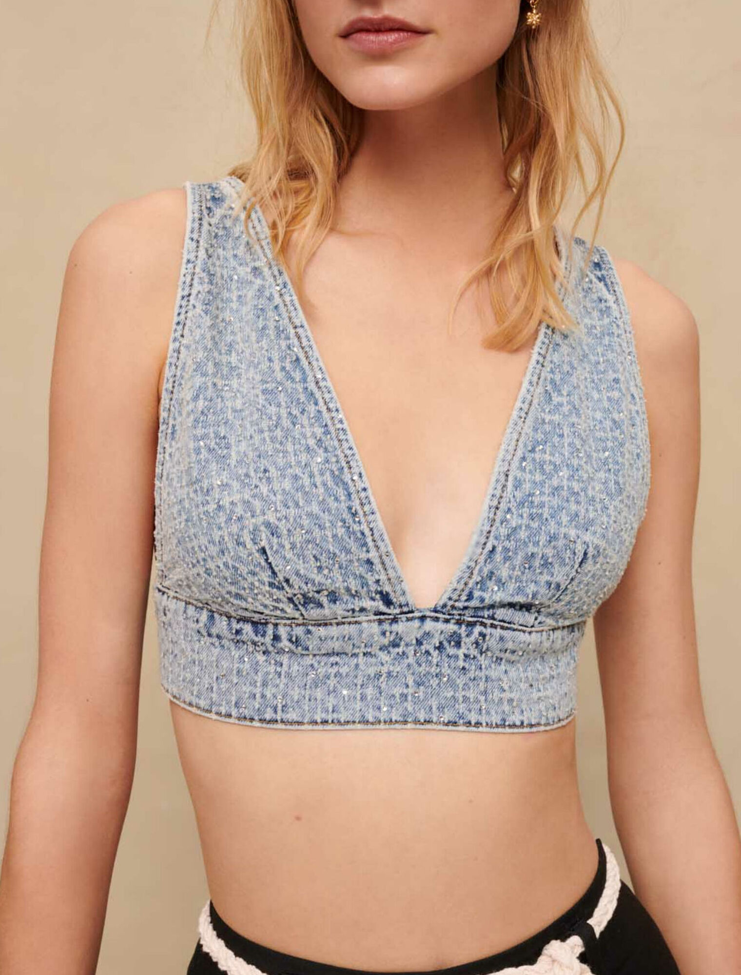 Denim bra top with rhinestones