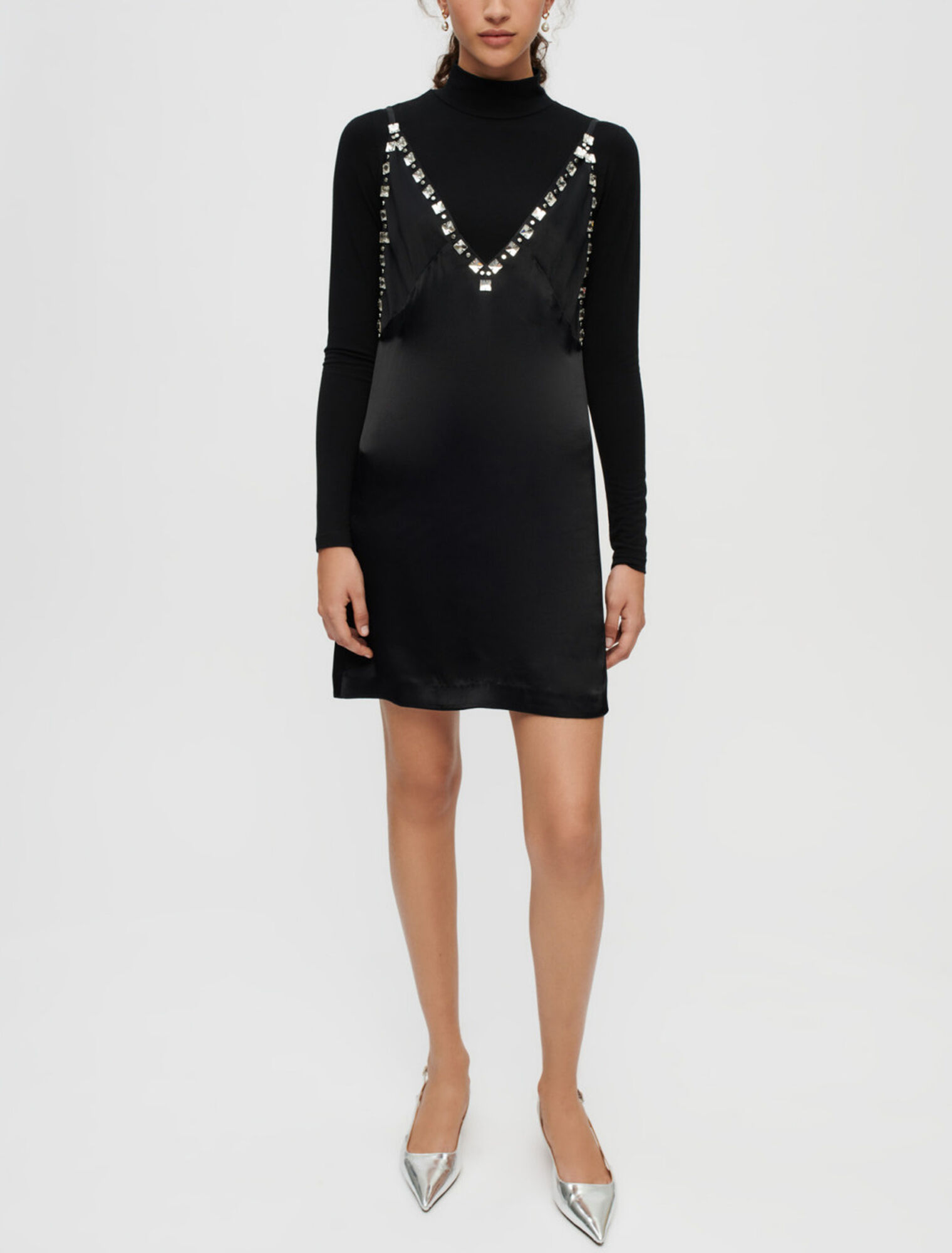 Black satin dress with jeweled straps