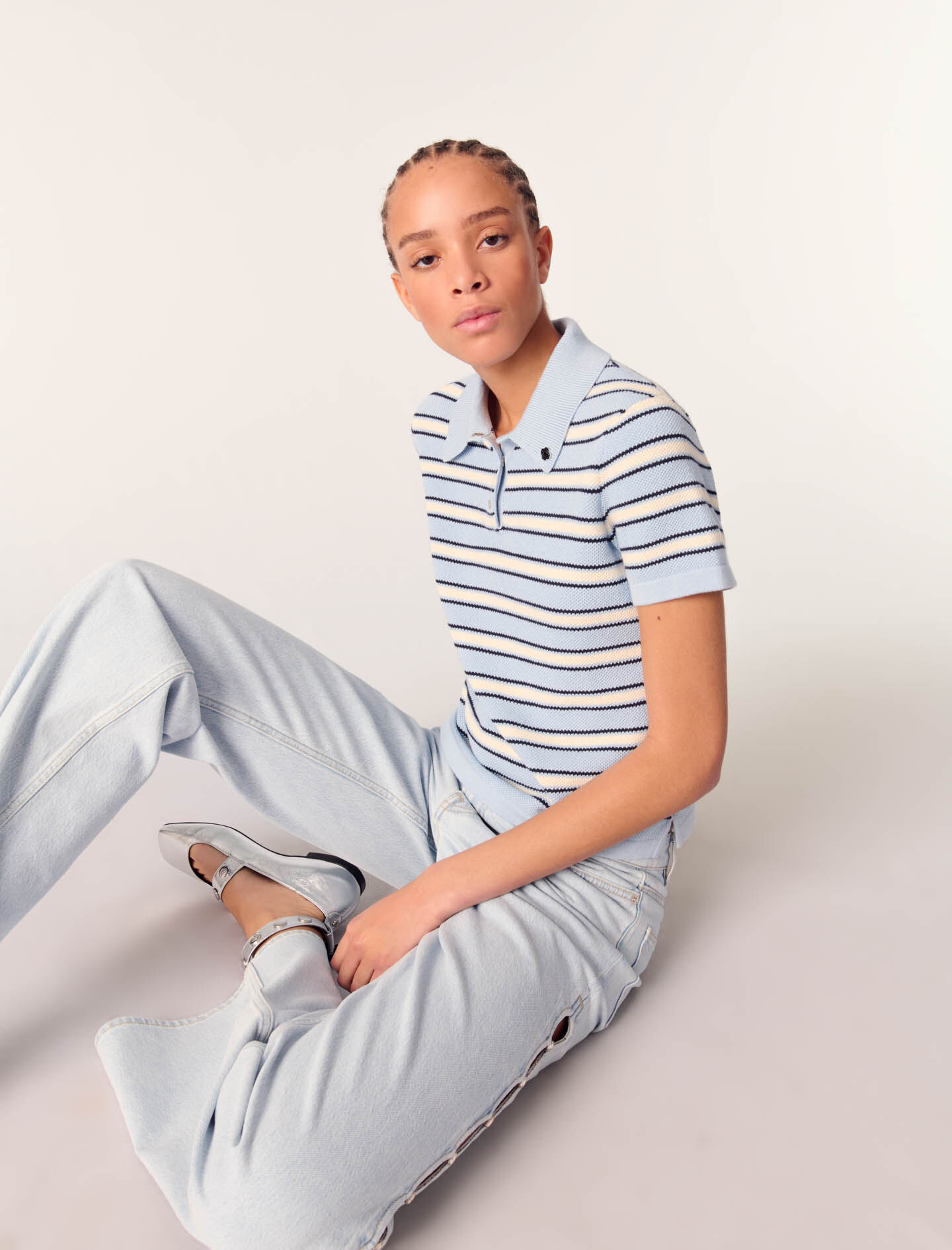 Striped knit polo short sleeve shirt Tricolor For Women | Maje