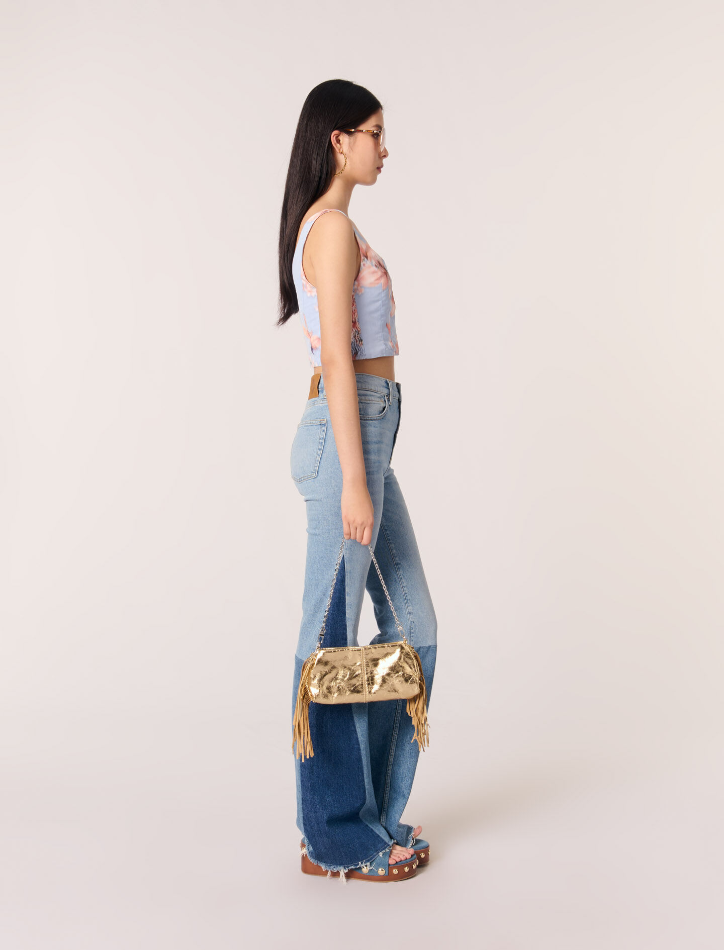 【MAJE】MISS M フリンジ メタリックレザー ゴールド Metallic leather Miss M clutch bag Denim - Jeans For Women