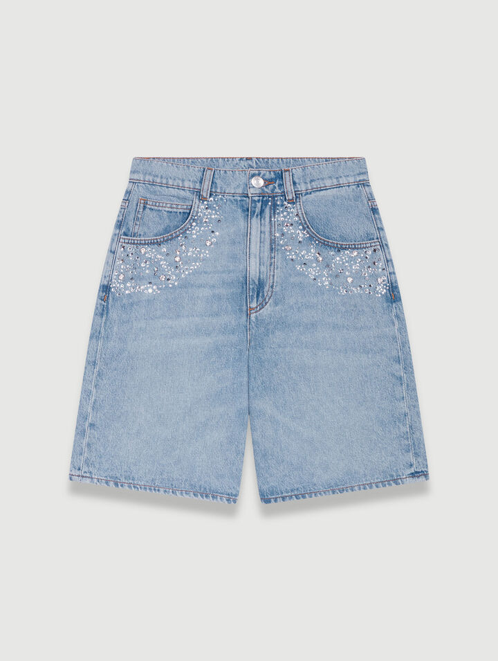 Flared denim shorts with rhinestones
