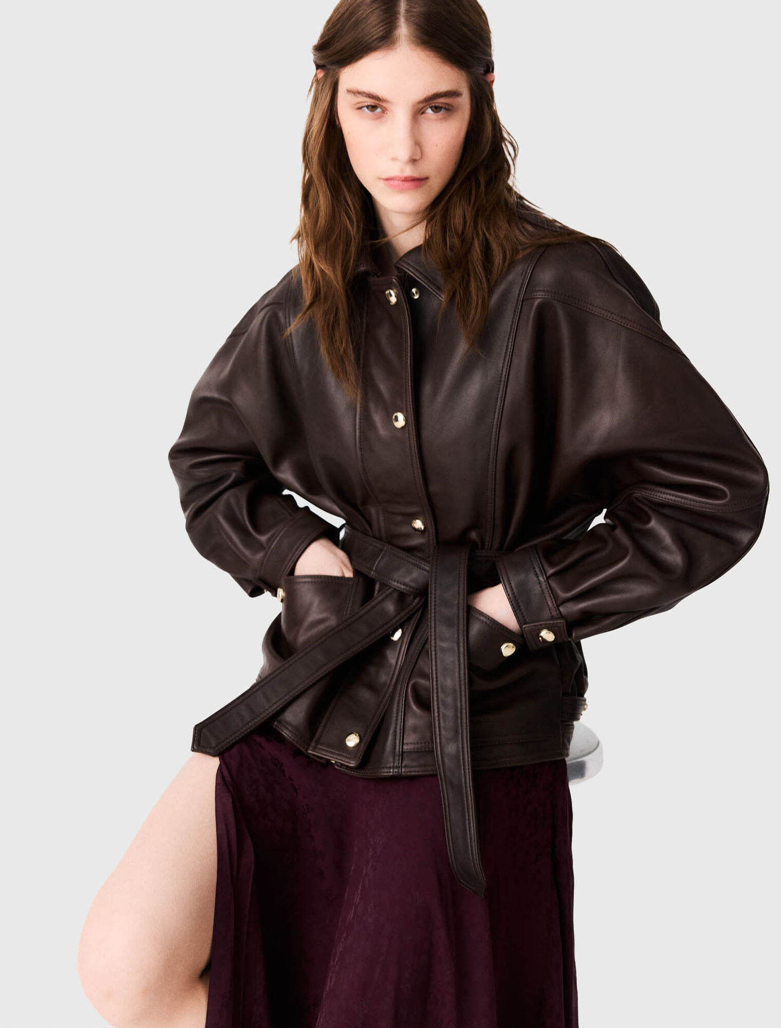 Oversize gold-button leather jacket