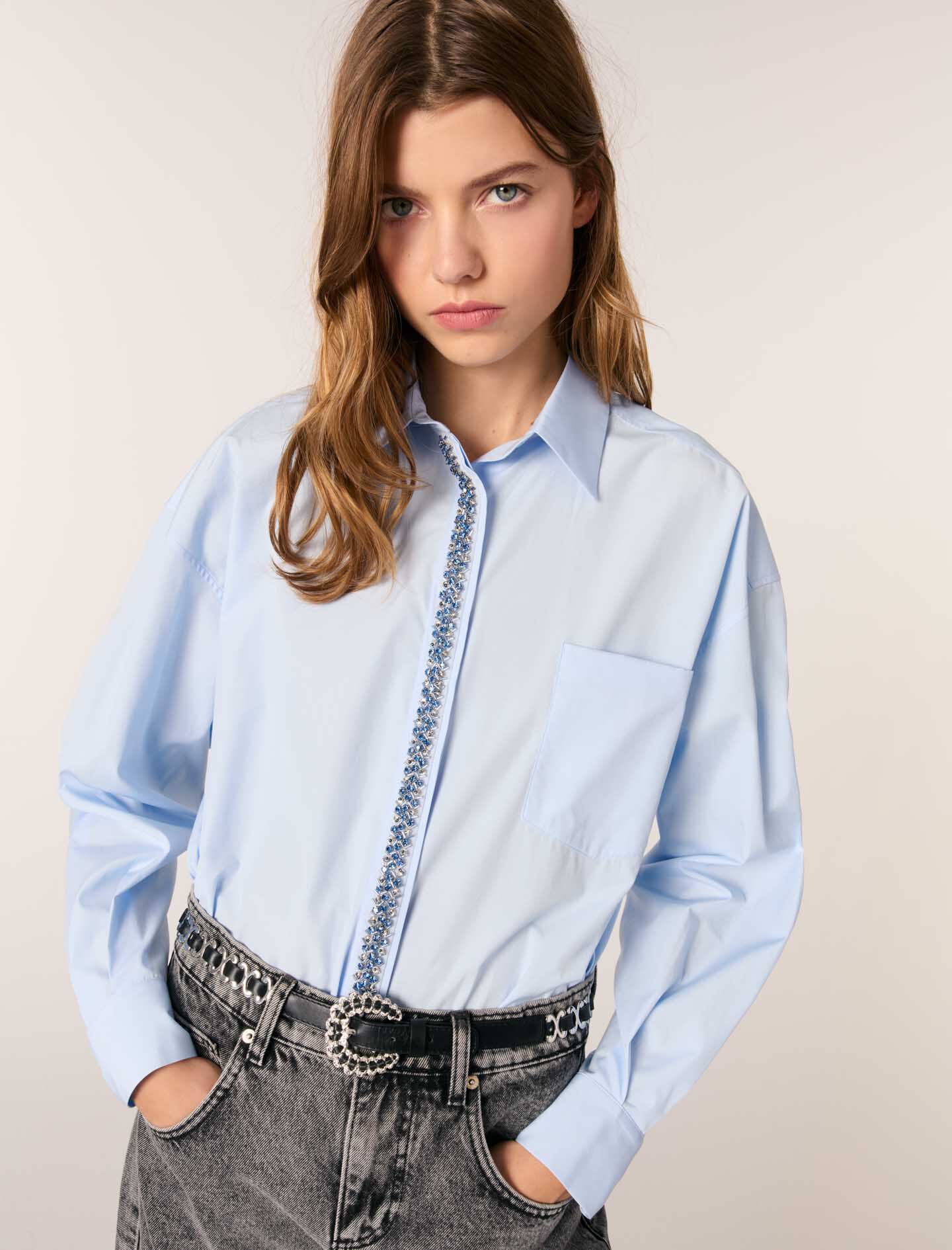 Poplin shirt with rhinestones Blue For Women | Maje