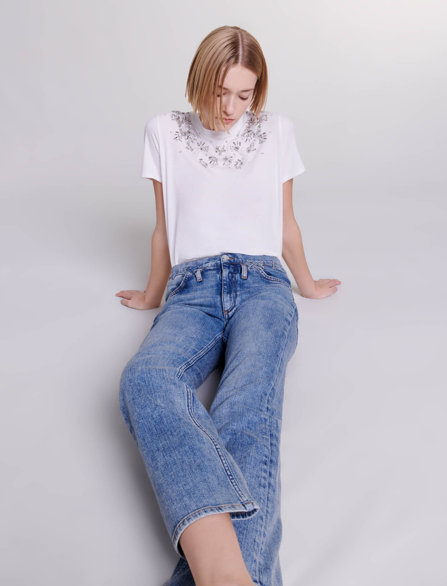 Sequin-embroidered velvet crop top Black / Gray For Women | Maje