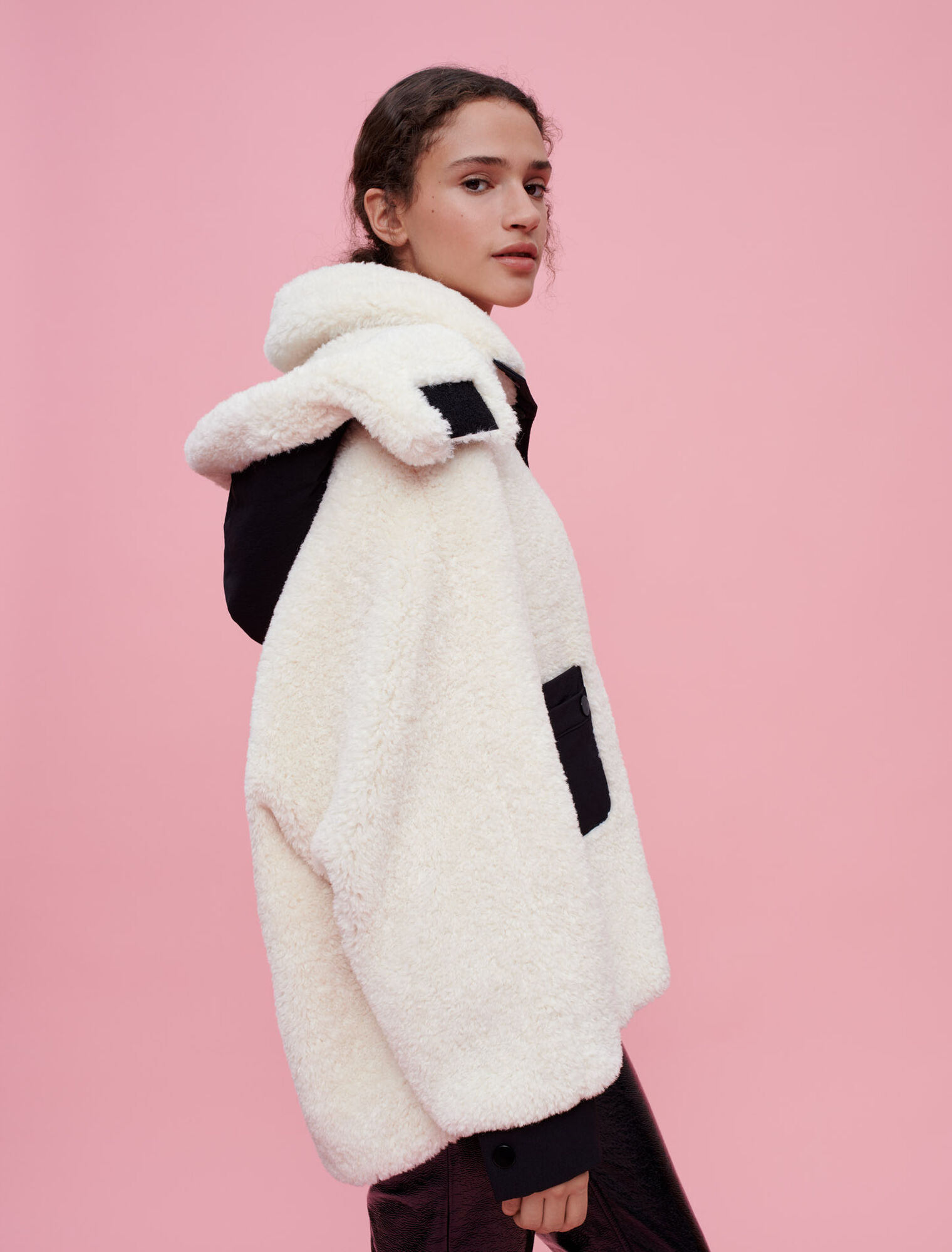 Faux fur and vinyl coat