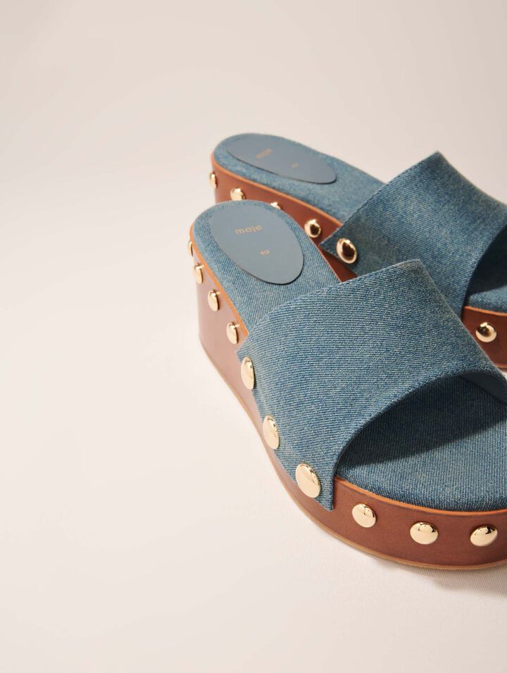 Denim studded wedge mules