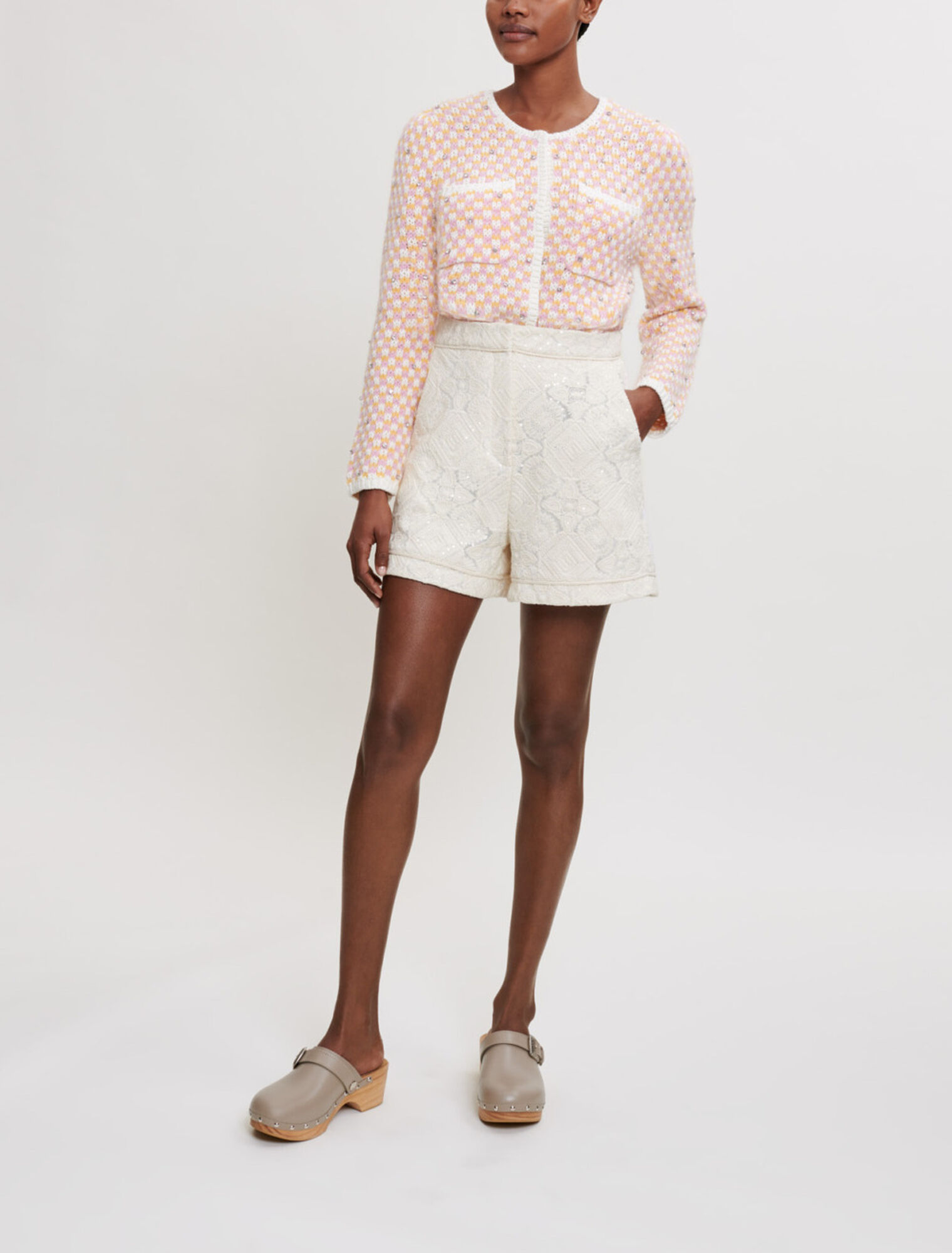 Embroidered tulle and sequins shorts