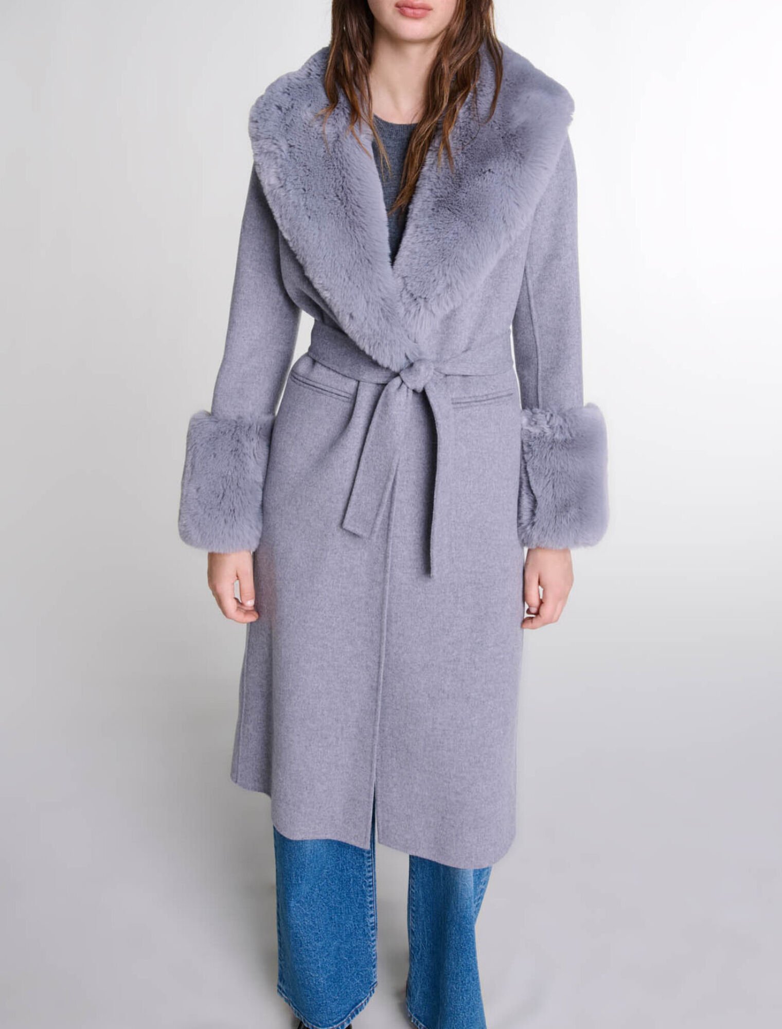 Long coat with faux fur collar