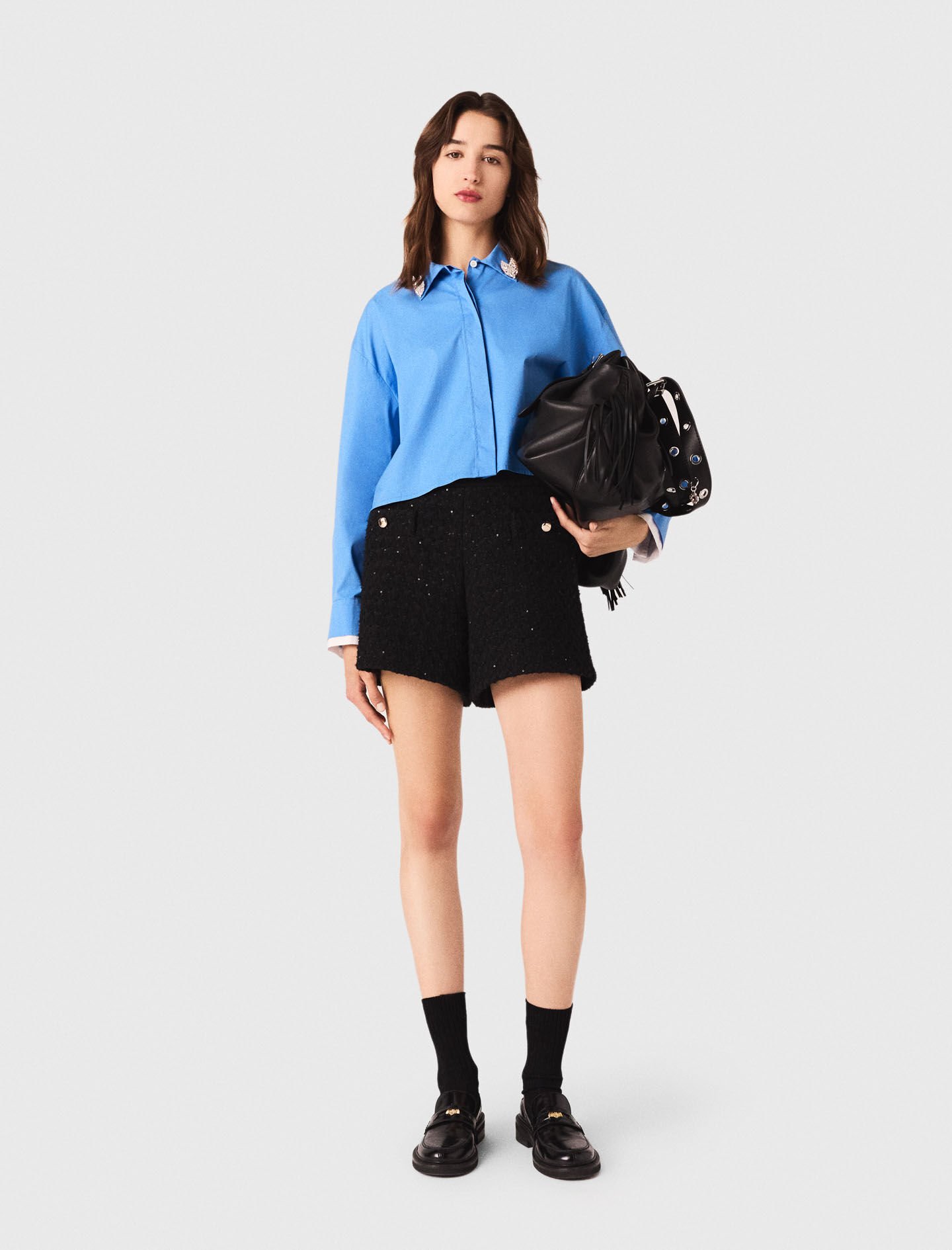 Straight-fit pleated shorts Black / Gray For Women | Maje
