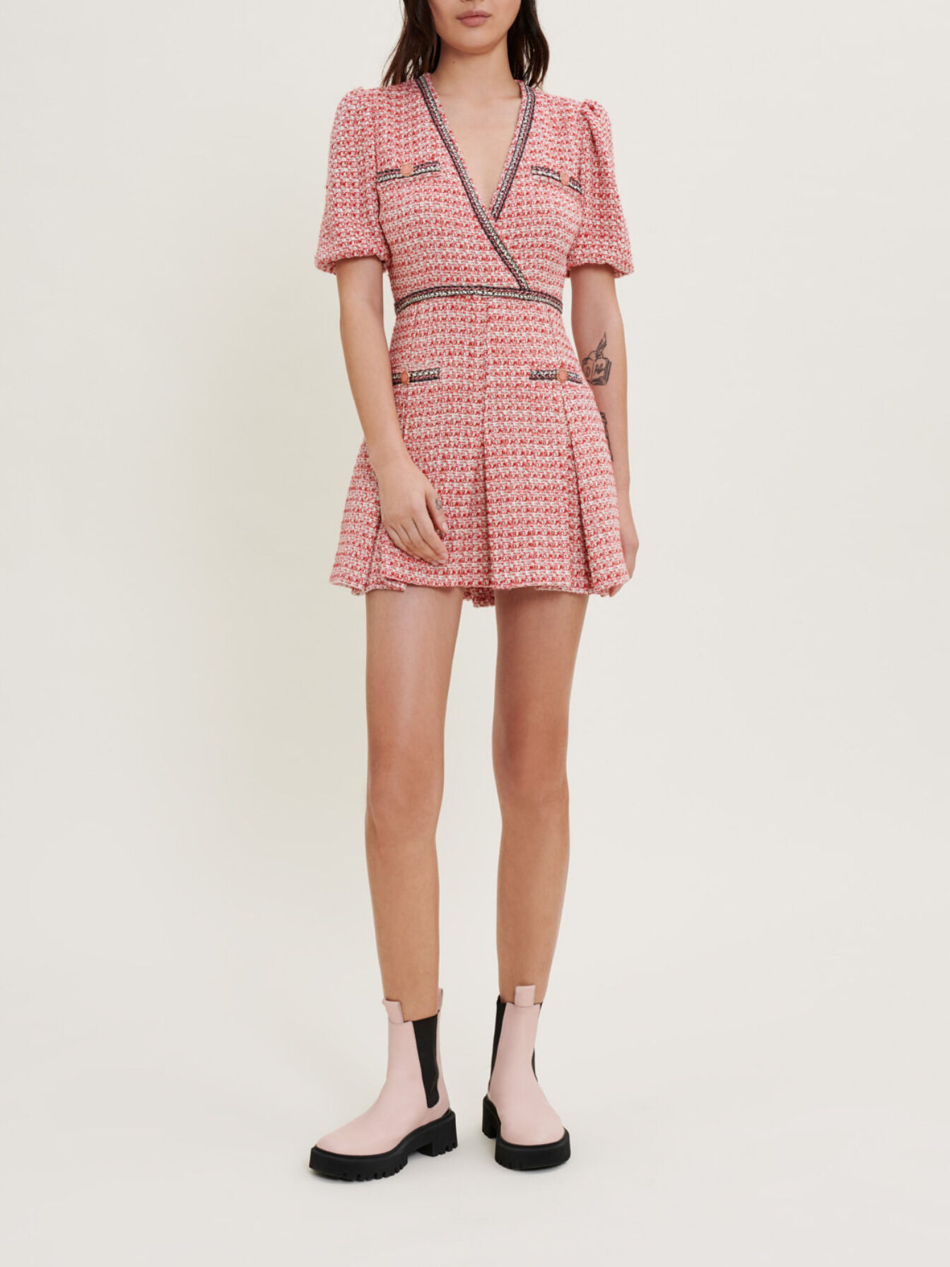 Tweed dress with ethnic trim Pink For Women | Maje