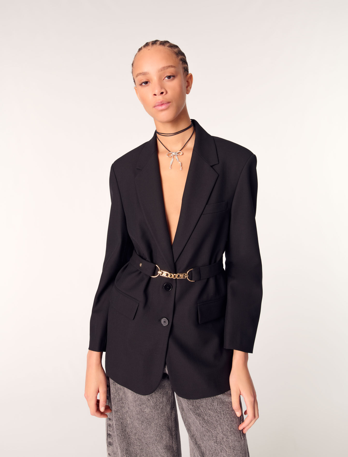 Belted suit jacket Black / Gray For Women | Maje