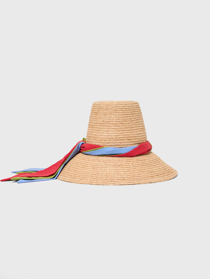 Raffia hat with printed ribbon