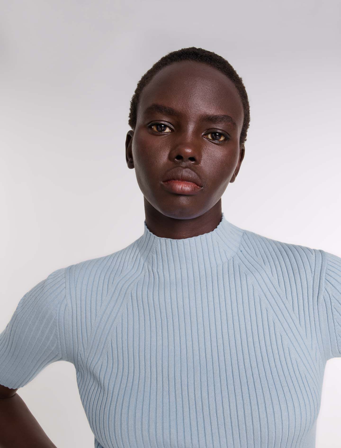 Cotton and silk ribbed top Blue For Women | Maje