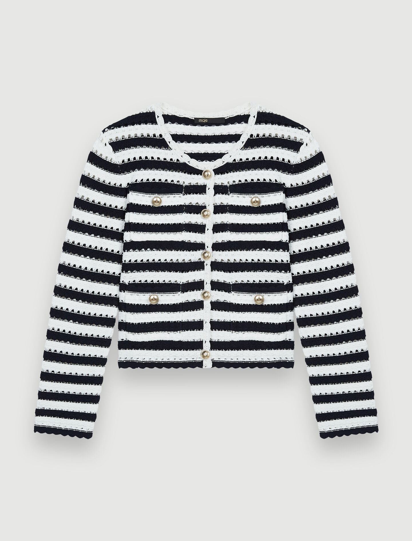 まい Striped crochet-effect cardigan