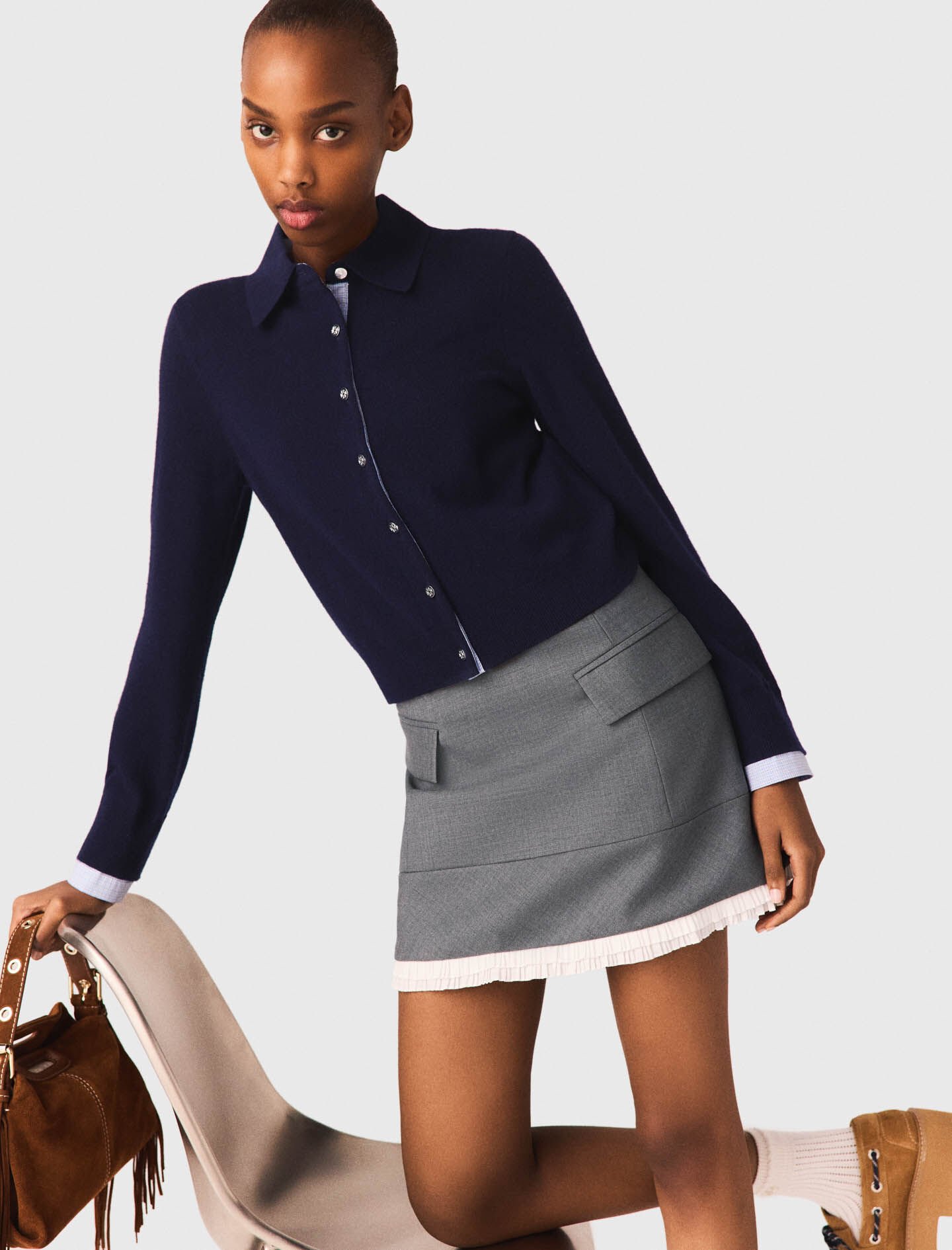 A-line poplin skirt with ruffle Black / Gray For Women | Maje