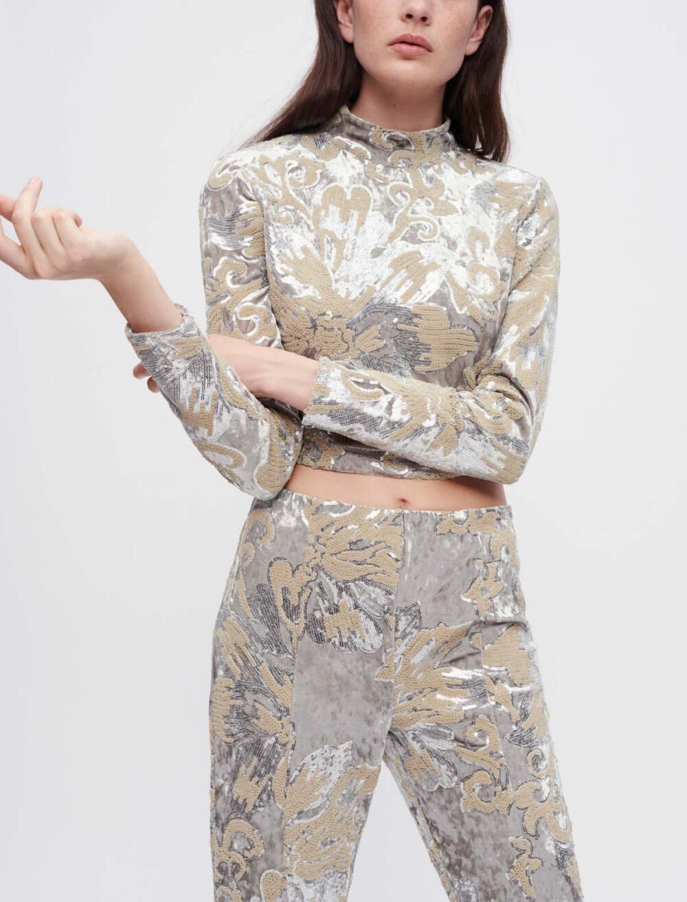 Sequin-embroidered velvet crop top Black / Gray For Women | Maje