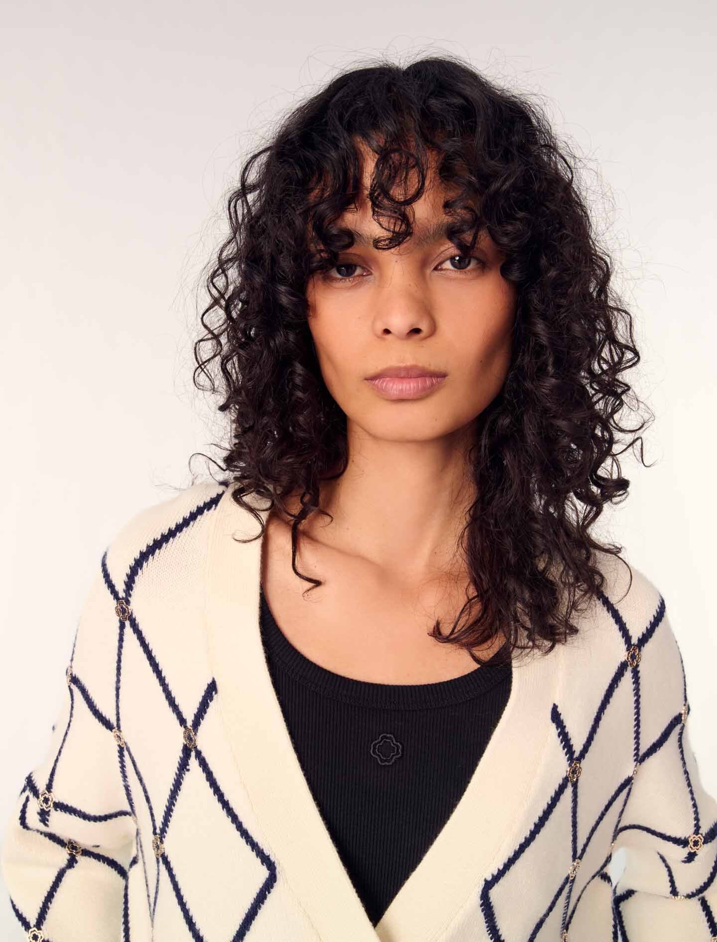 Diamond pattern knitted cardigan White For Women | Maje