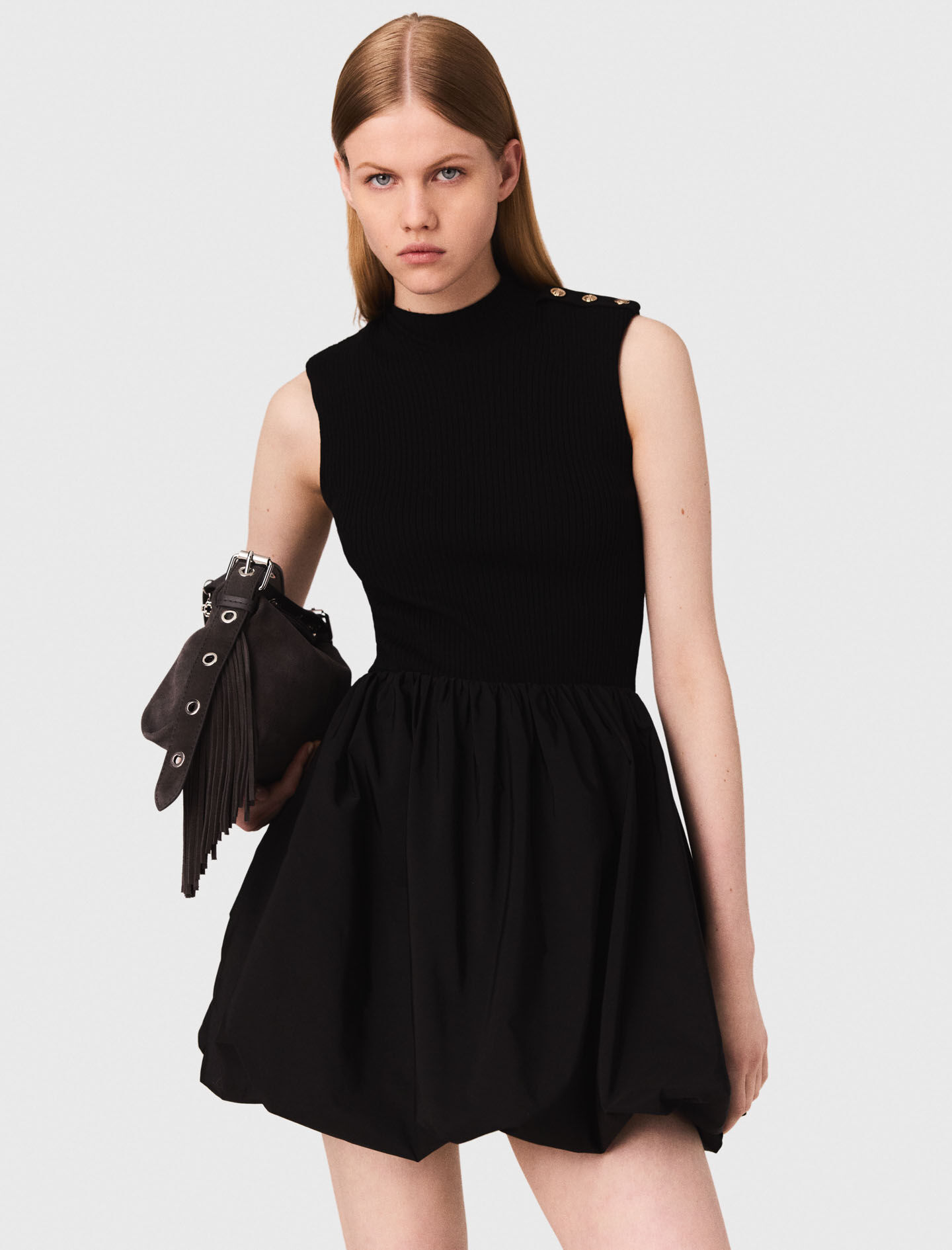yo BIOTOP Knit pleats mini dress ブラック Rib knit short dress Black / Gray for Women | Maje