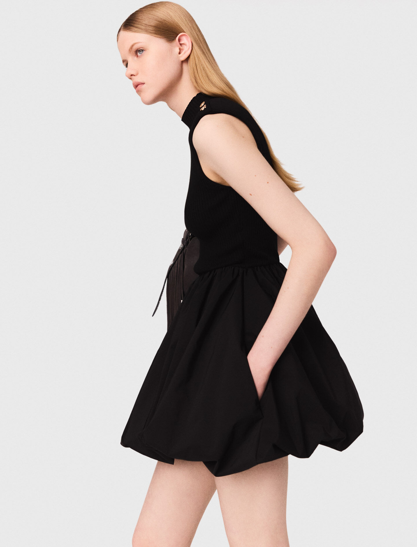 yo BIOTOP Knit pleats mini dress ブラック Rib knit short dress Black / Gray for Women | Maje