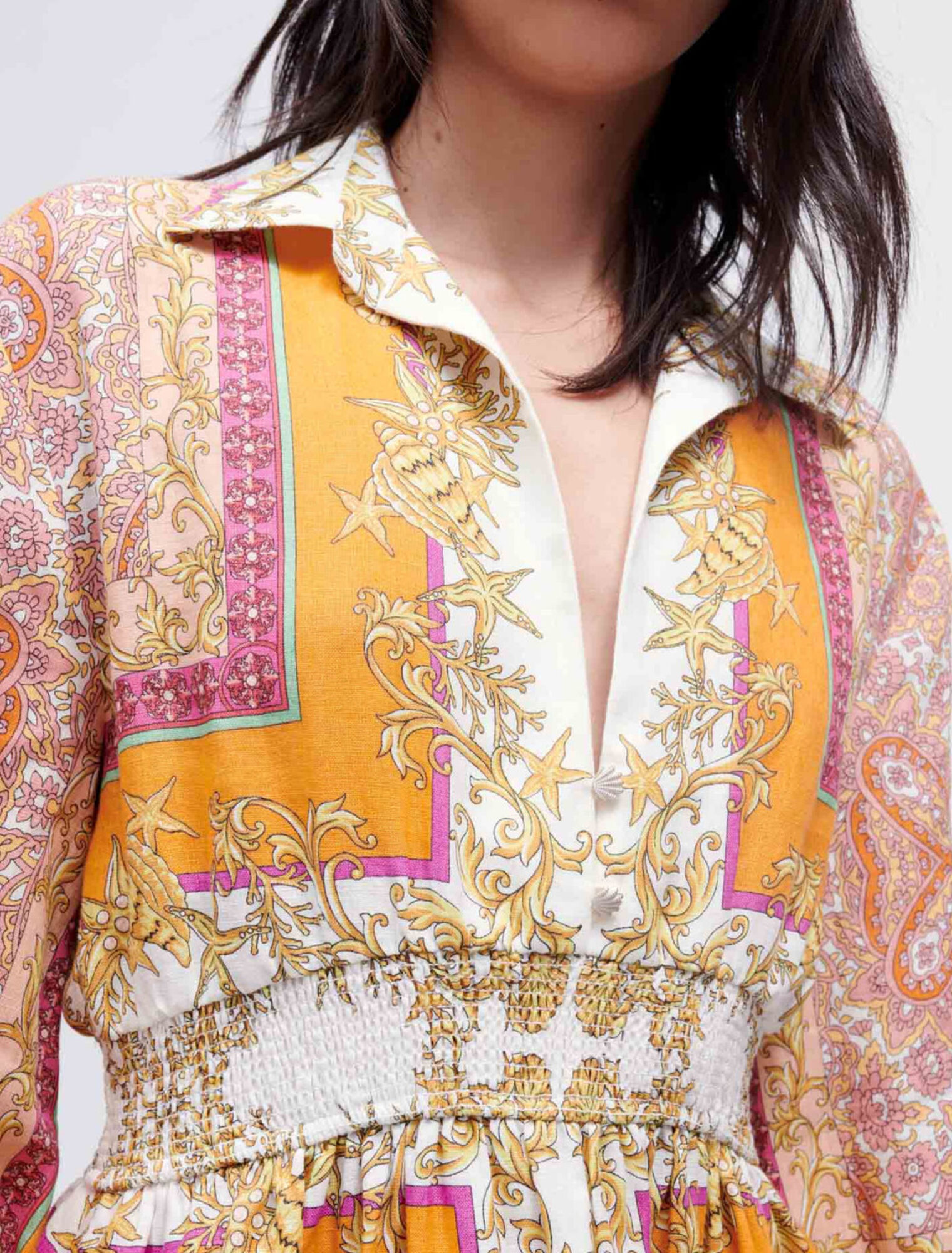 Linen shirt dress with scarf print