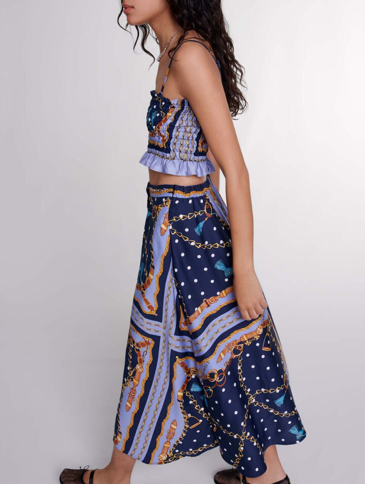 Satin-effect patterned short skirt 