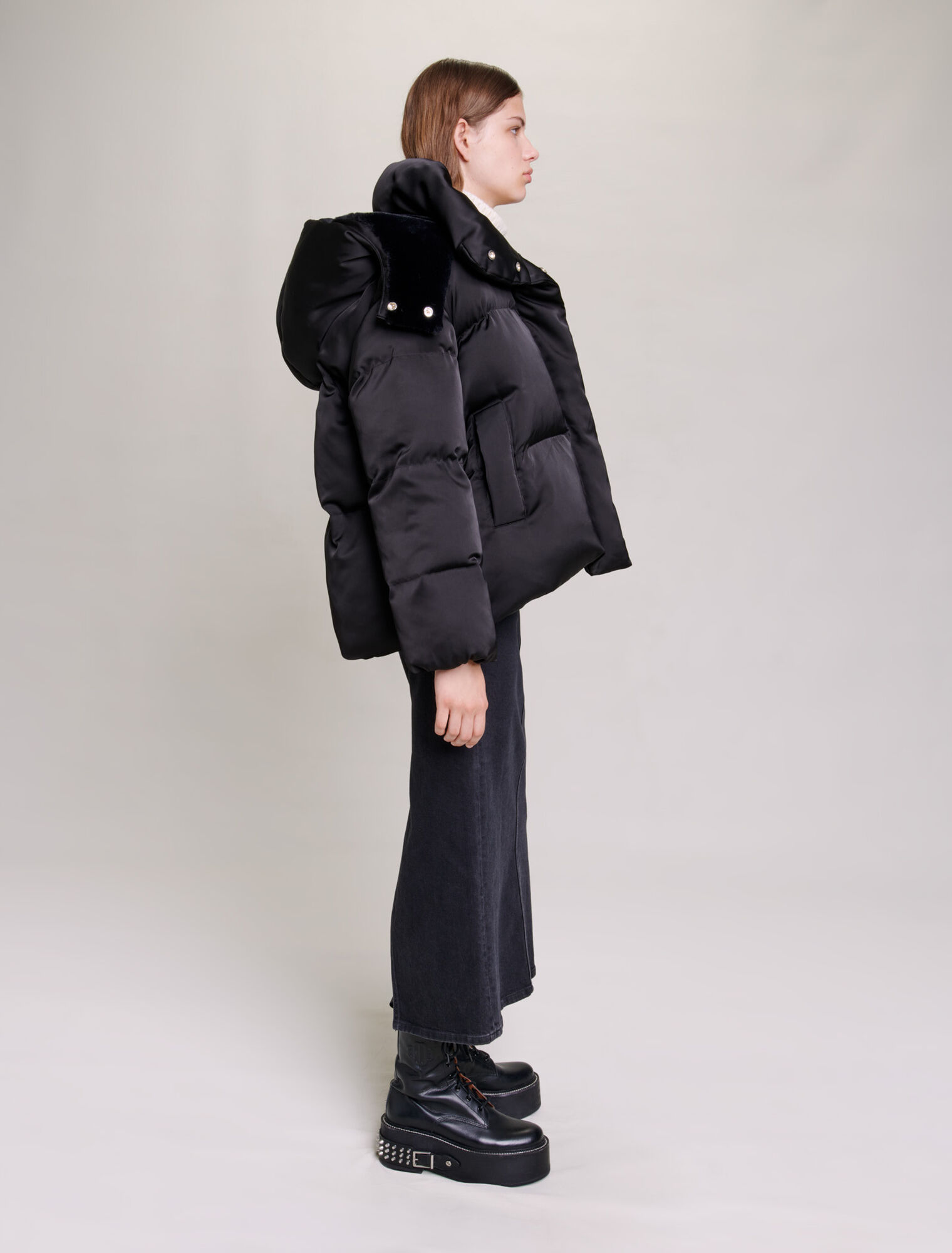 Short satiny quilted puffer jacket