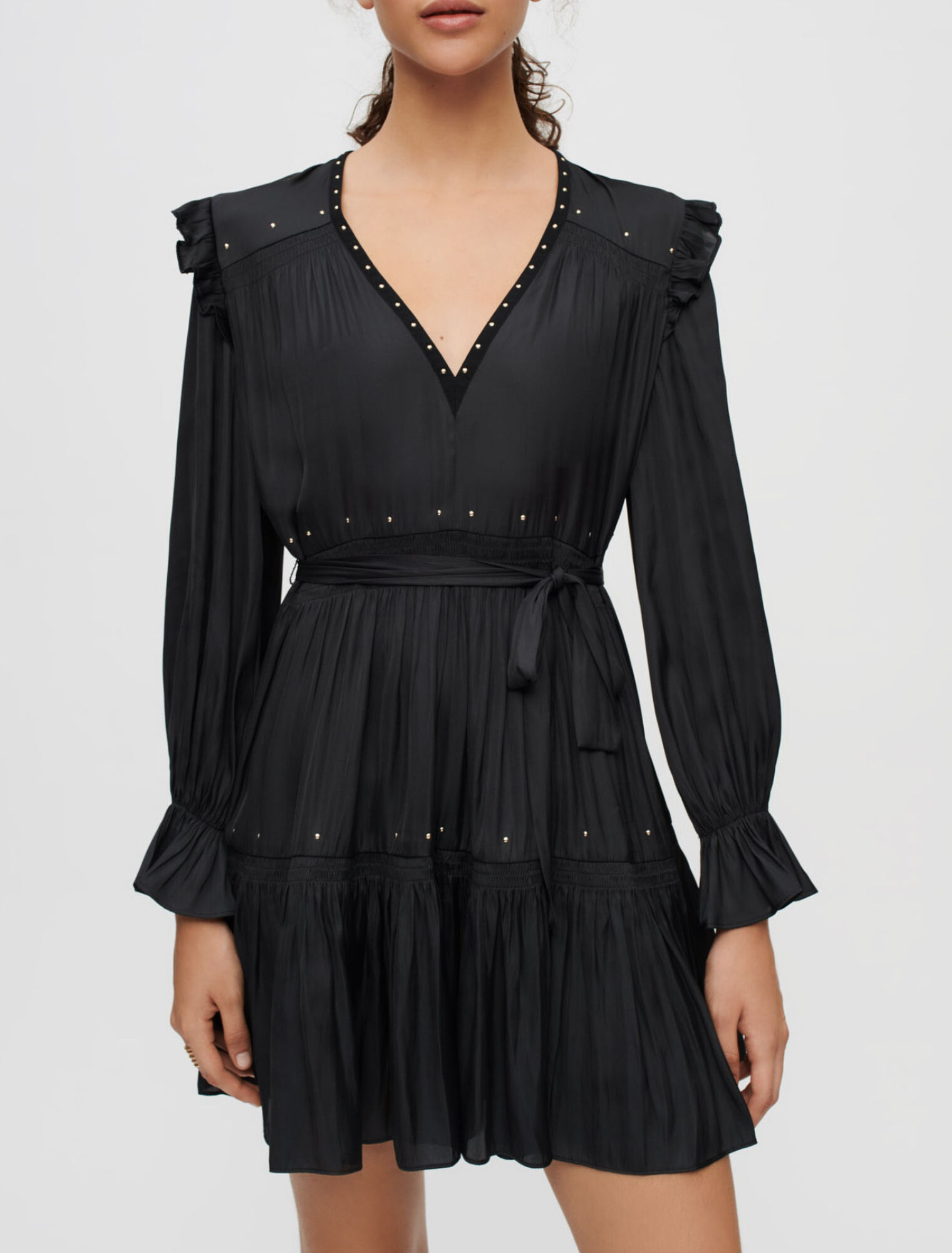 Black flowing satin dress, gold studs