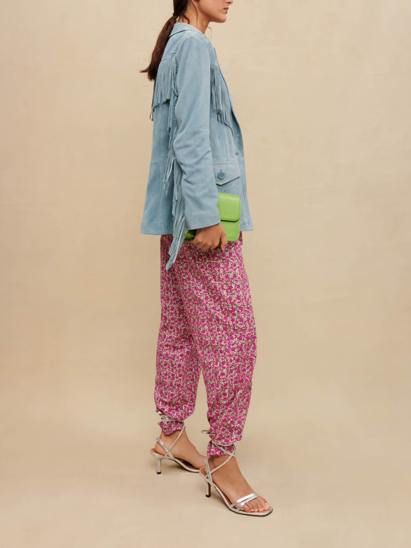 Suede leather jacket with fringing Blue For Women | Maje