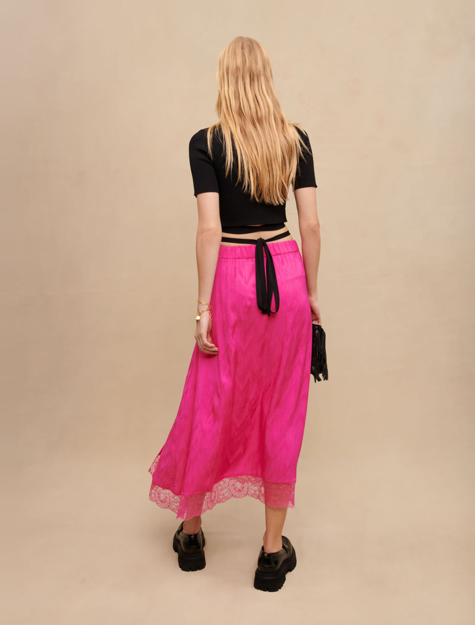 Satiny jacquard long slit skirt