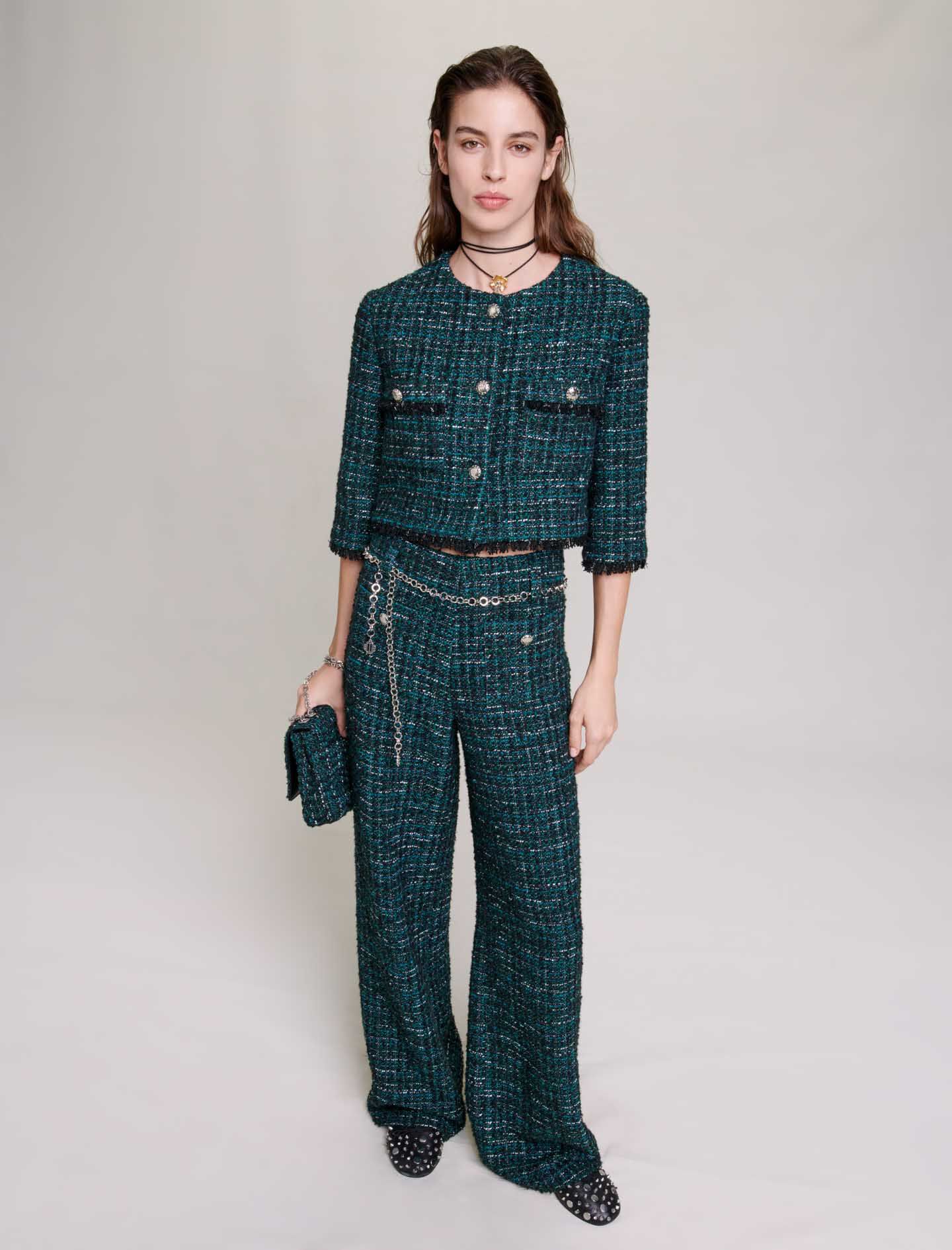 Wide-leg tweed trousers Green For Women | Maje