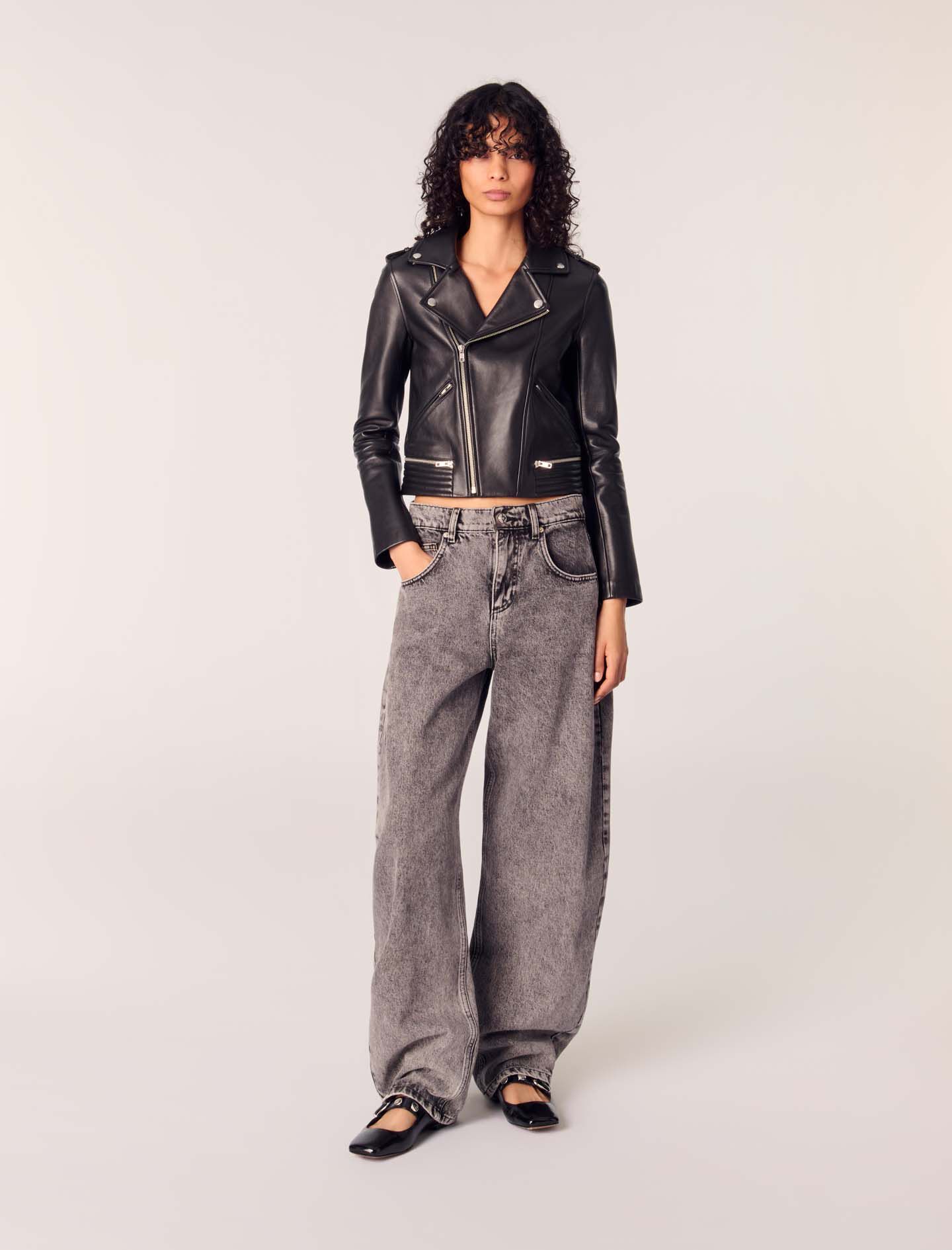 【祝開店！大放出セール開催中】 biker-style Leather jacket Maje | Women For Gray / Black ジャケット・アウター
