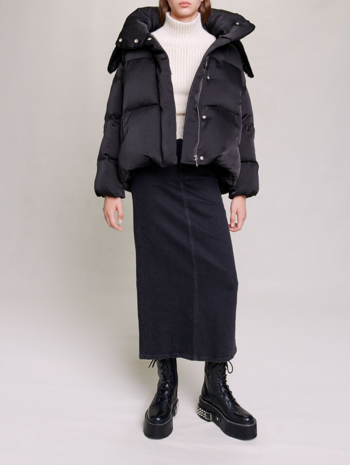 Short satiny quilted puffer jacket