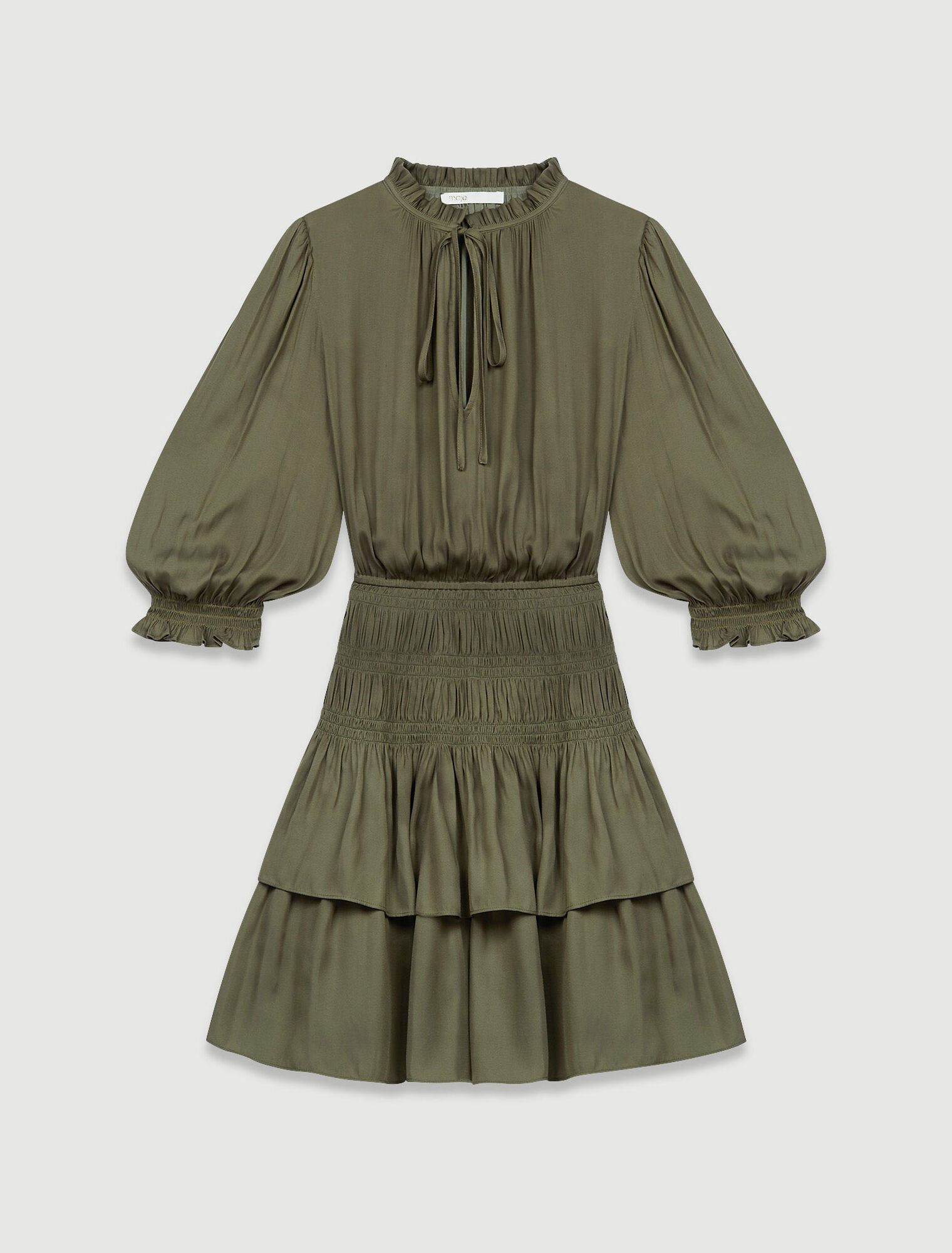 Satin dress with smocking and ruffles