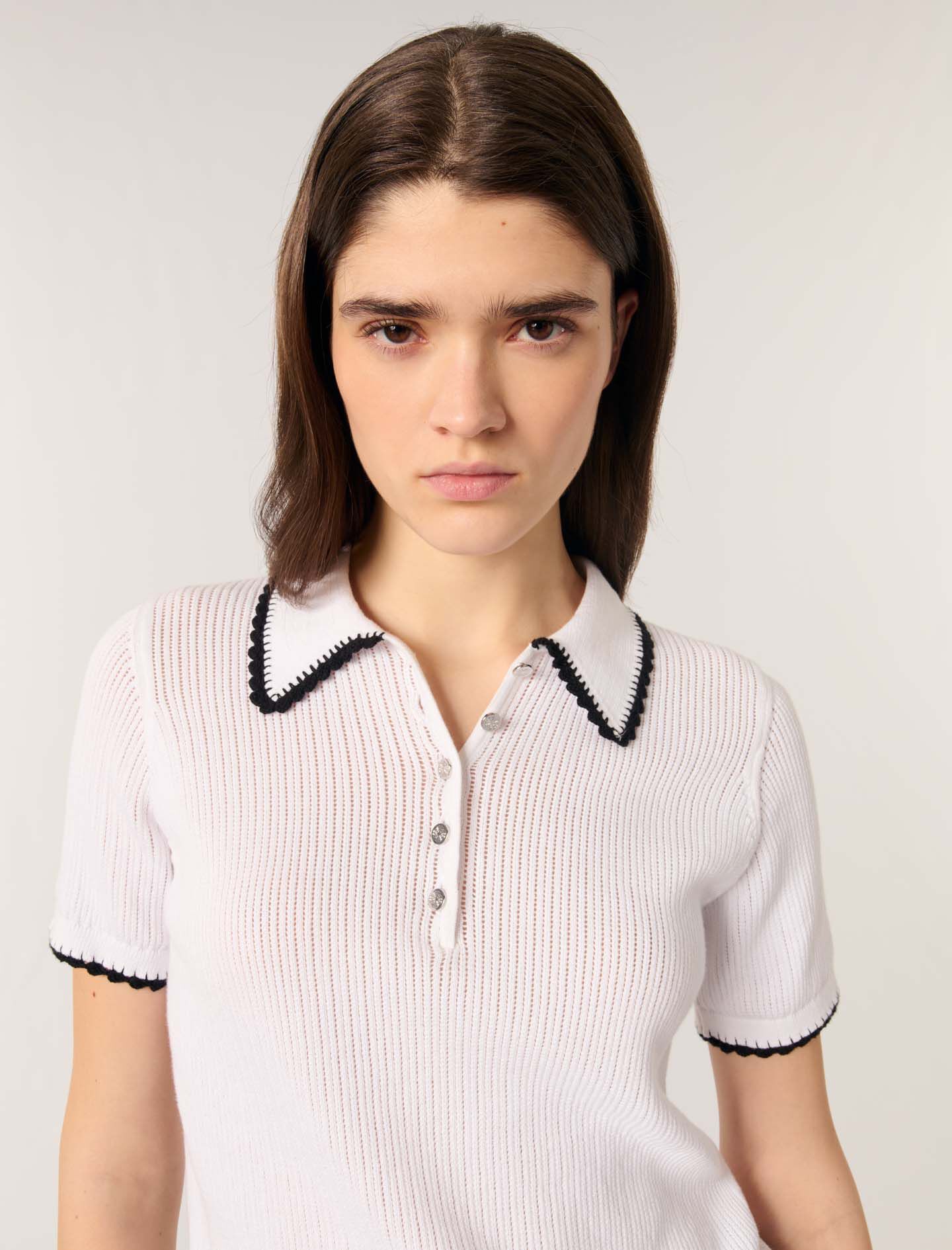 Pointelle knit crochet polo shirt Bicolor For Women | Maje