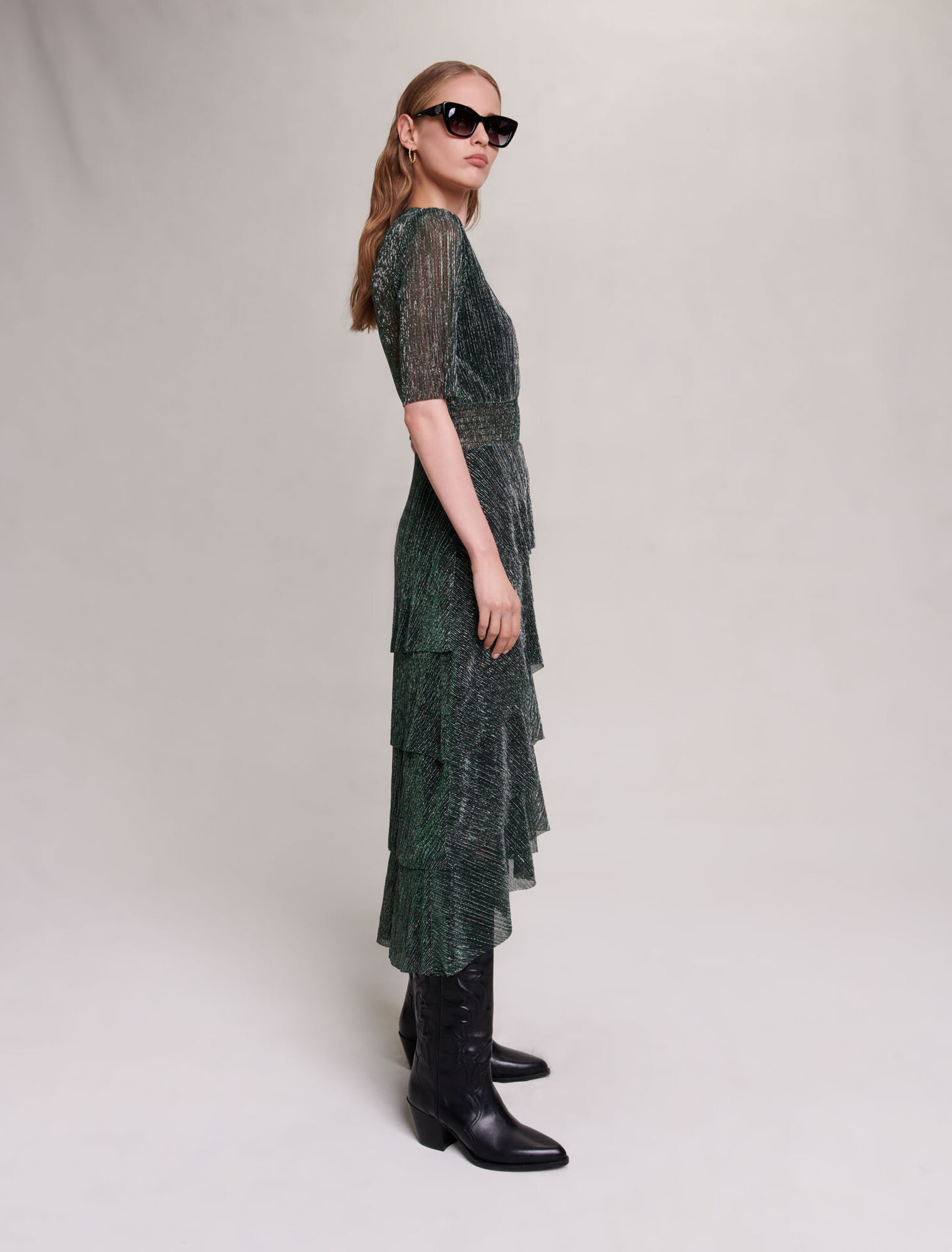 Stretch lurex fabric dress with ruffles
