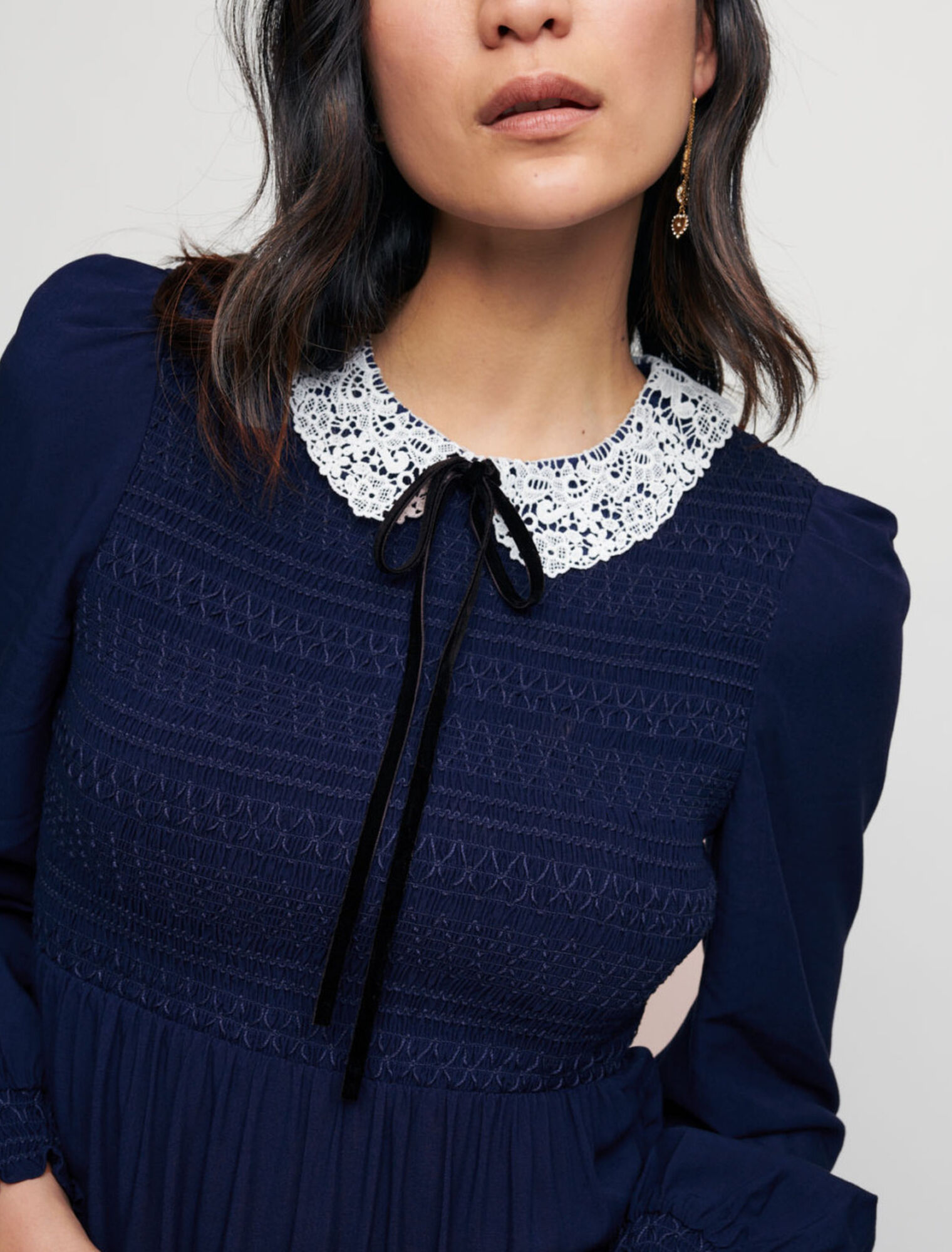 Smocked dress with guipure collar