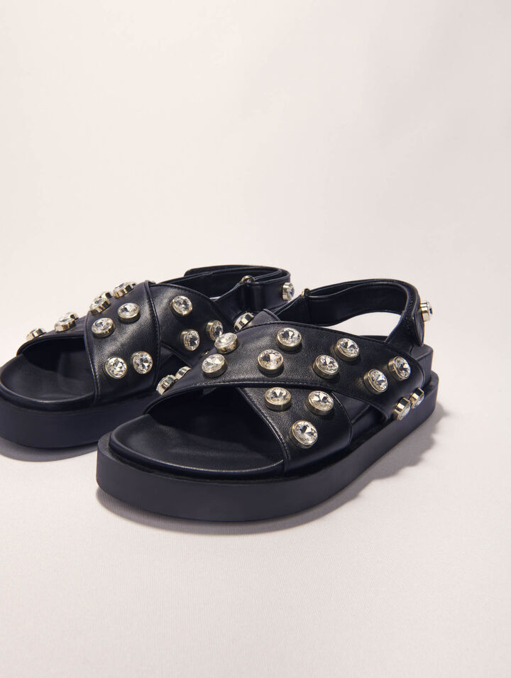 Flat leather and rhinestone sandals