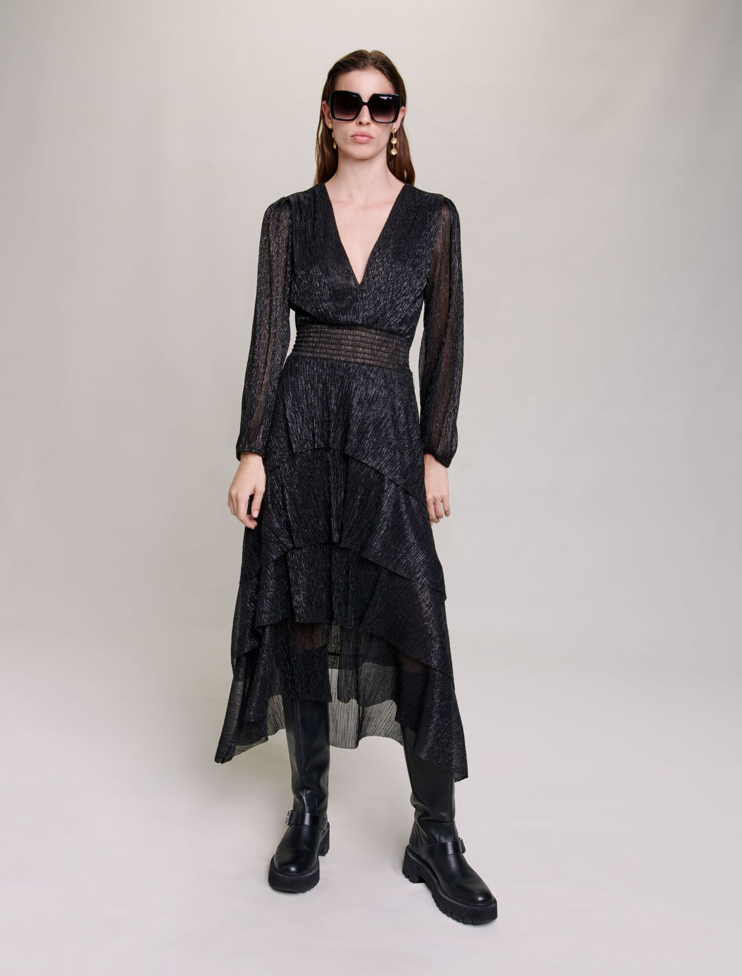 Pleated stretch lamé dress with ruffles
