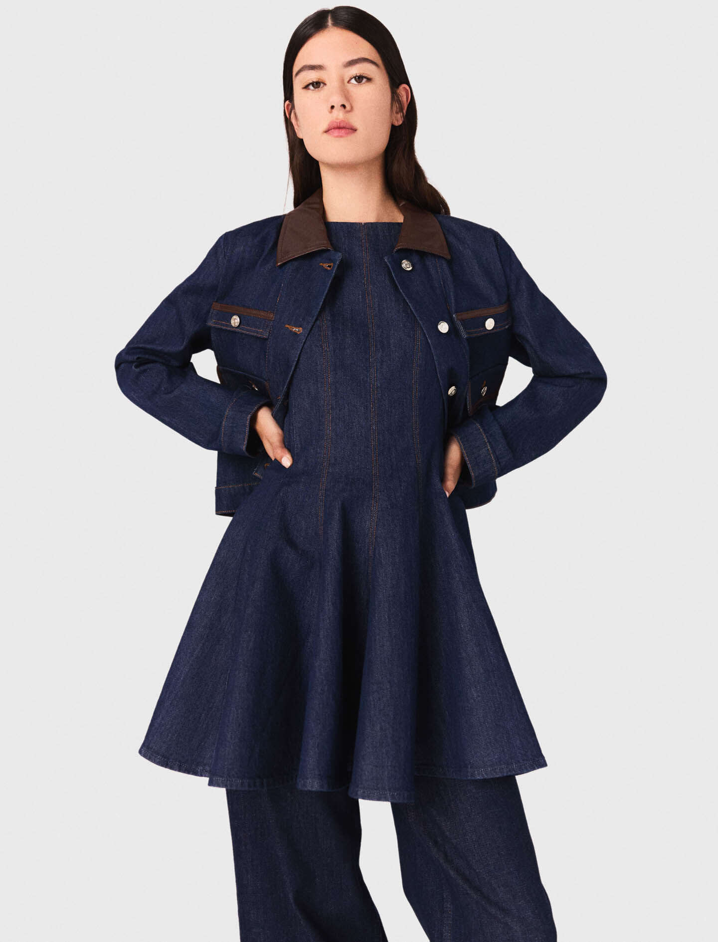 Denim jacket with faux leather Blue For Women | Maje